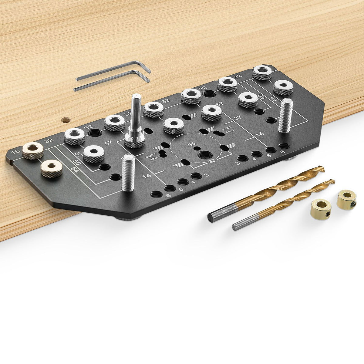 Shelf Pin Jig and Hinge Jig Two-in-One, Aluminum Alloy Cabinet Hardware Hole Drilling Template with 6.4 and 4.8 mm Drill Bits, for Cabinet Doors Bookshelves Wardrobes Woodworking and DIY