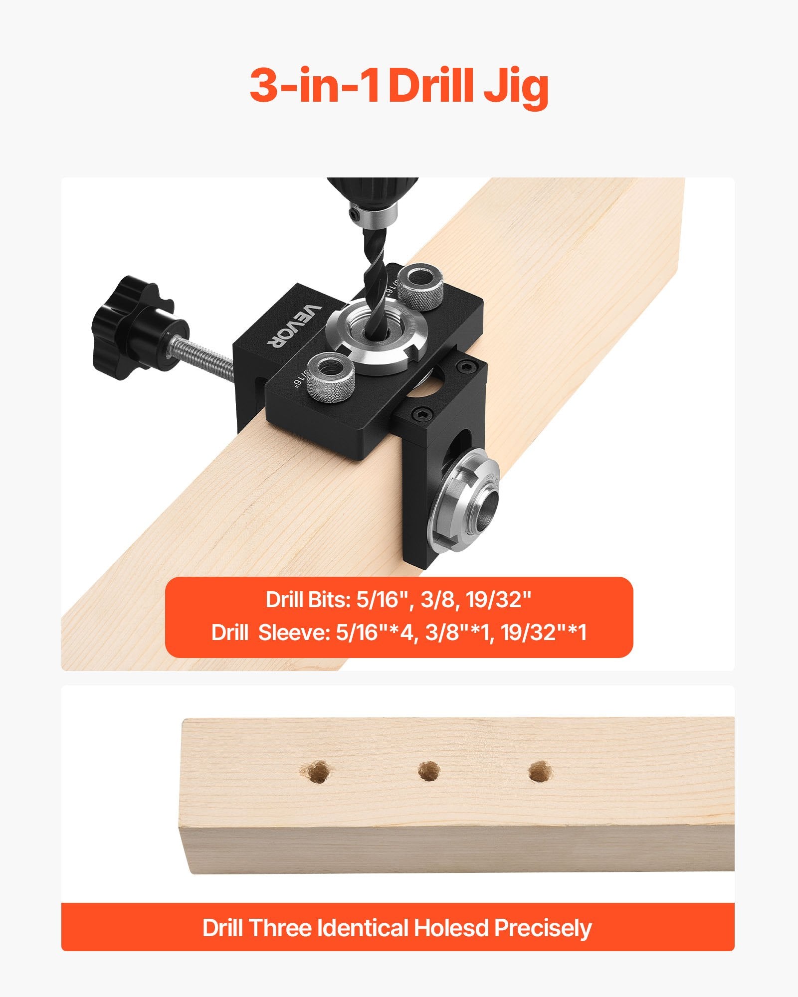 Lifts & Hoists: VEVOR Doweling Jig Kit, Self Centering Dowel Drill Jig for Straight Holes, Aluminum Alloy Woodworking Joints Tool with 3 Size Drill Bits 6.4 / 7.9 / 15 mm, Adjustable Width, for Wood Working