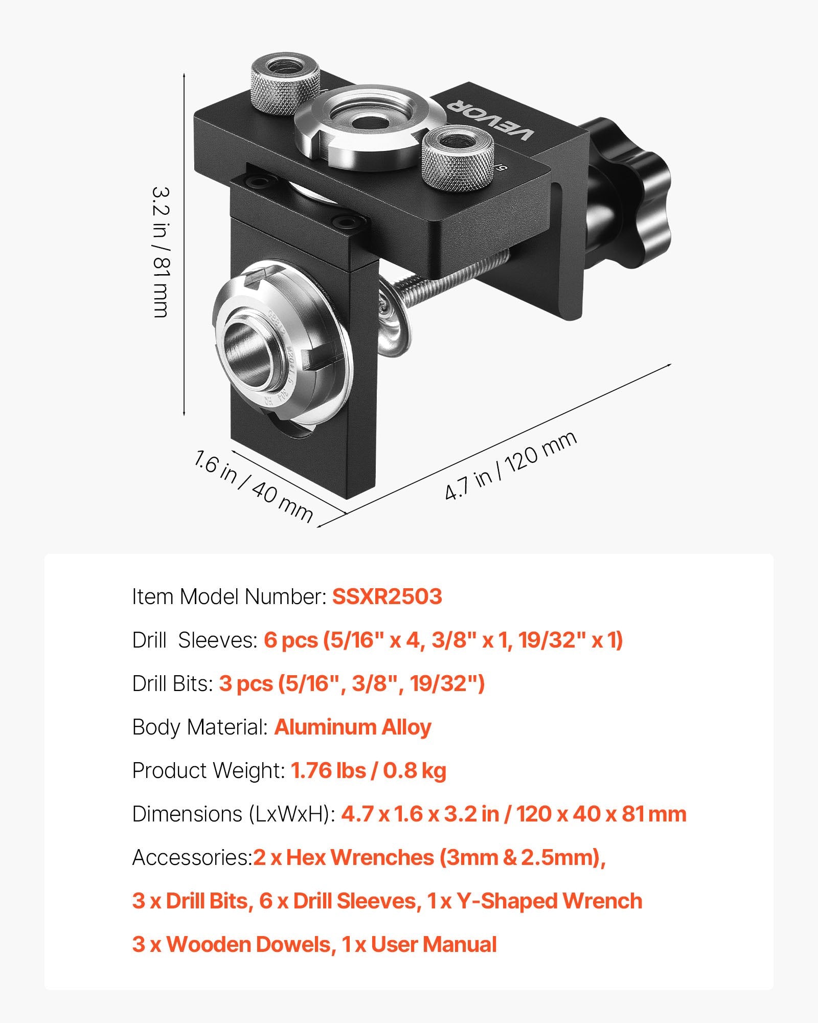 Lifts & Hoists: VEVOR Doweling Jig Kit, Self Centering Dowel Drill Jig for Straight Holes, Aluminum Alloy Woodworking Joints Tool with 3 Size Drill Bits 6.4 / 7.9 / 15 mm, Adjustable Width, for Wood Working
