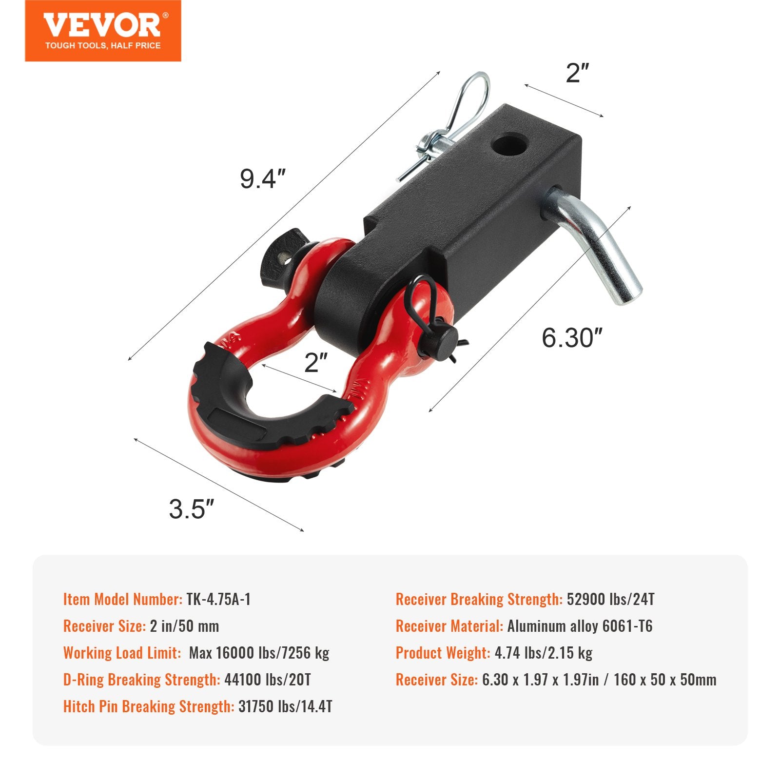 Fishing Tackle: VEVOR Shackle Hitch Receiver, Fits 50 mm Receivers, 24 Tons Breaking Strength, D Ring Shackle with Trailer Hitch Lock Pin, Heavy Duty Towing Accessories for Trucks, Jeeps, Off-Road Vehicle Recovery