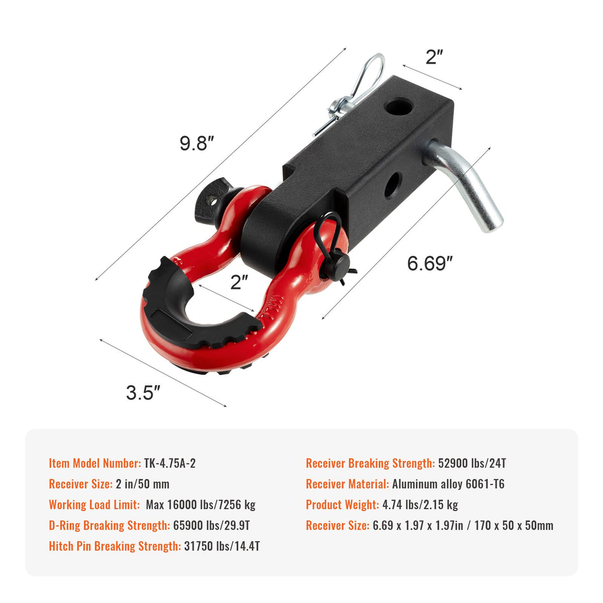 Shackle Hitch Receiver 50 mm, 29.9 Tons Breaking Strength, D Ring Shackle with Trailer Hitch Lock Pin, Heavy Duty Towing Accessories for Trucks, Jeeps, Off-Road Vehicle Recovery, Aluminum Alloy