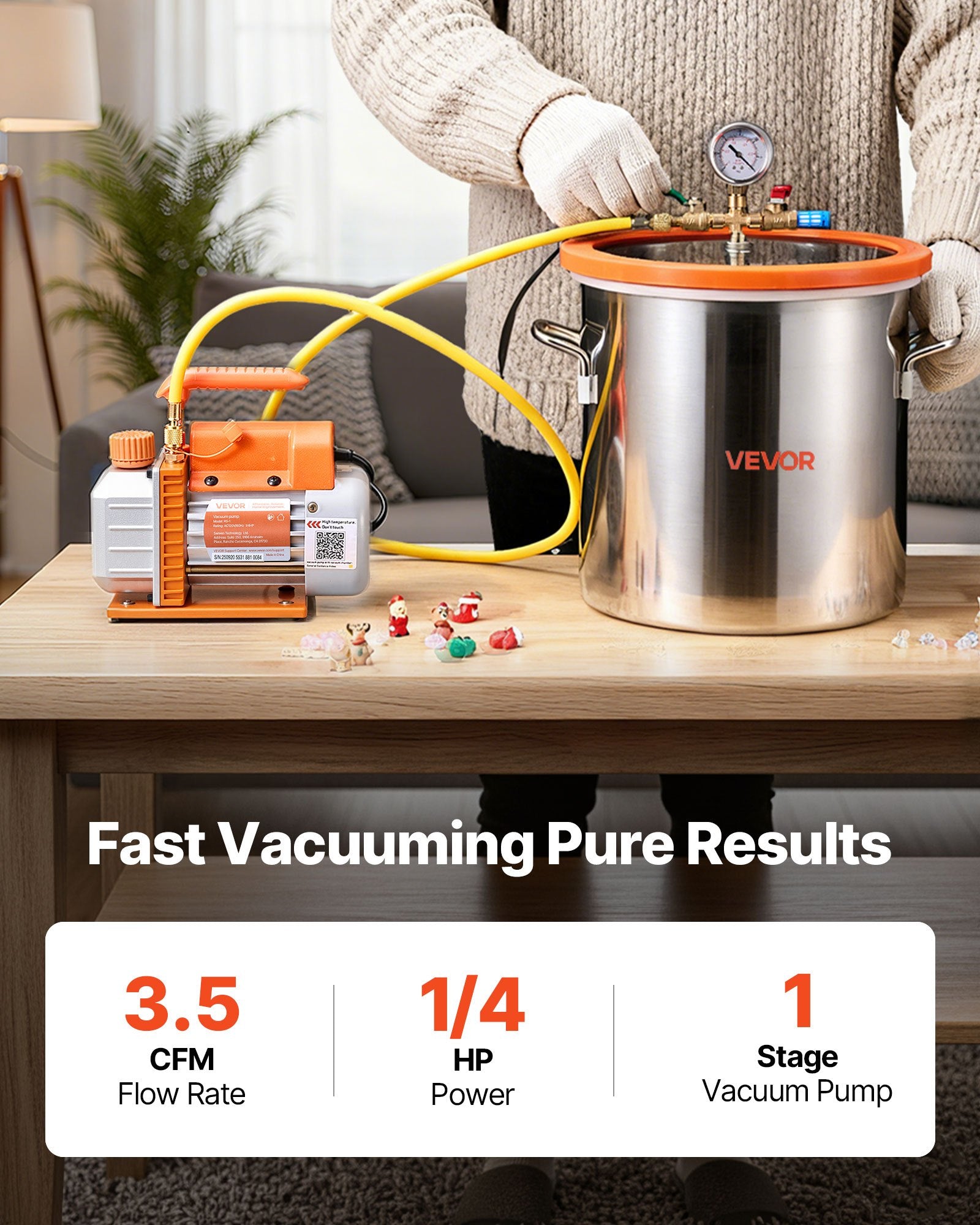18.93 L Vacuum Chamber with Pump, 3.5 CFM 99 L/min, Single Stage Vacuum Pump, Stainless Steel Degassing Chamber Kit, Tempered Glass Lid, 1.5 m Hose, for Stabilizing Wood Degassing Silicone Resin