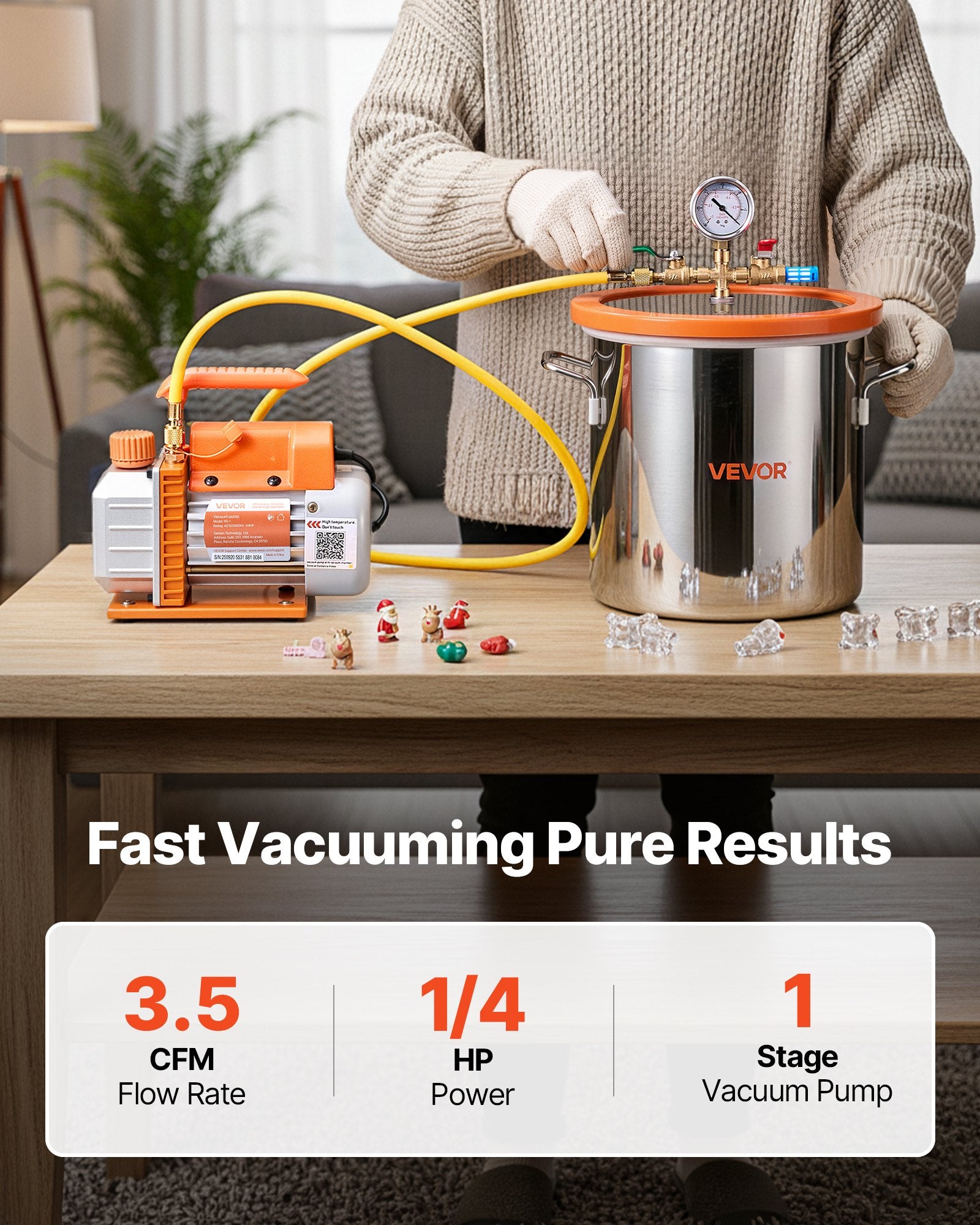 11.36 L Vacuum Chamber with Pump, 3.5 CFM 99 L/min, Single Stage Vacuum Pump, Stainless Steel Degassing Chamber Kit, Tempered Glass Lid, 1.5 m Hose, for Stabilizing Wood Degassing Silicone Resin