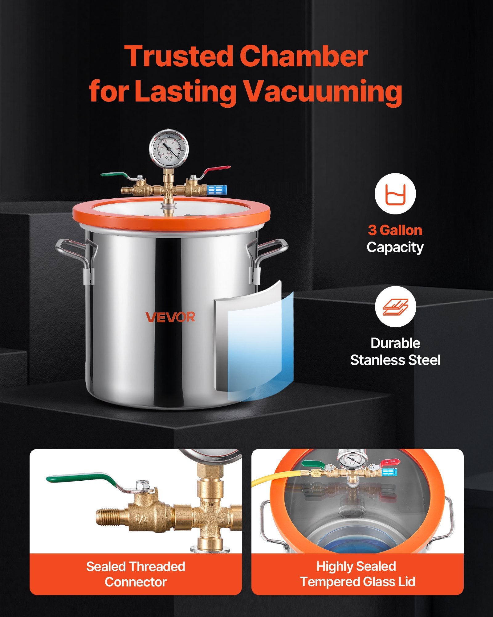 11.36 L Vacuum Chamber with Pump, 3.5 CFM 99 L/min, Single Stage Vacuum Pump, Stainless Steel Degassing Chamber Kit, Tempered Glass Lid, 1.5 m Hose, for Stabilizing Wood Degassing Silicone Resin