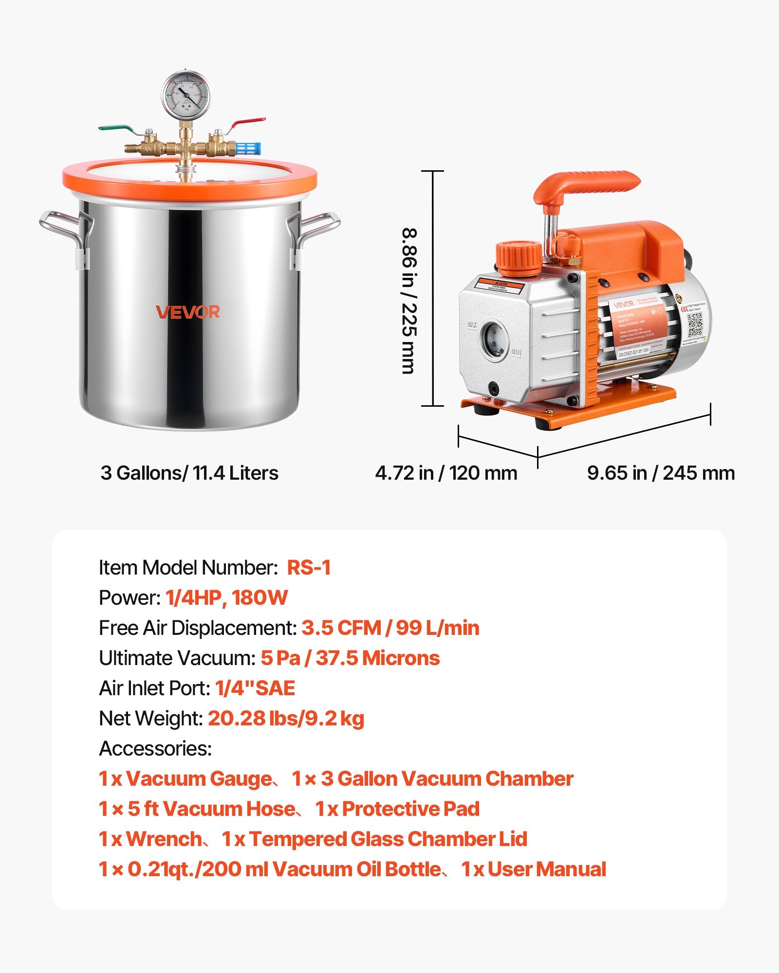 11.36 L Vacuum Chamber with Pump, 3.5 CFM 99 L/min, Single Stage Vacuum Pump, Stainless Steel Degassing Chamber Kit, Tempered Glass Lid, 1.5 m Hose, for Stabilizing Wood Degassing Silicone Resin