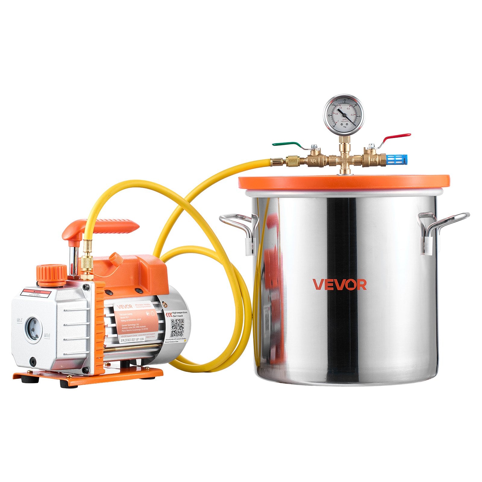 11.36 L Vacuum Chamber with Pump, 3.5 CFM 99 L/min, Single Stage Vacuum Pump, Stainless Steel Degassing Chamber Kit, Tempered Glass Lid, 1.5 m Hose, for Stabilizing Wood Degassing Silicone Resin