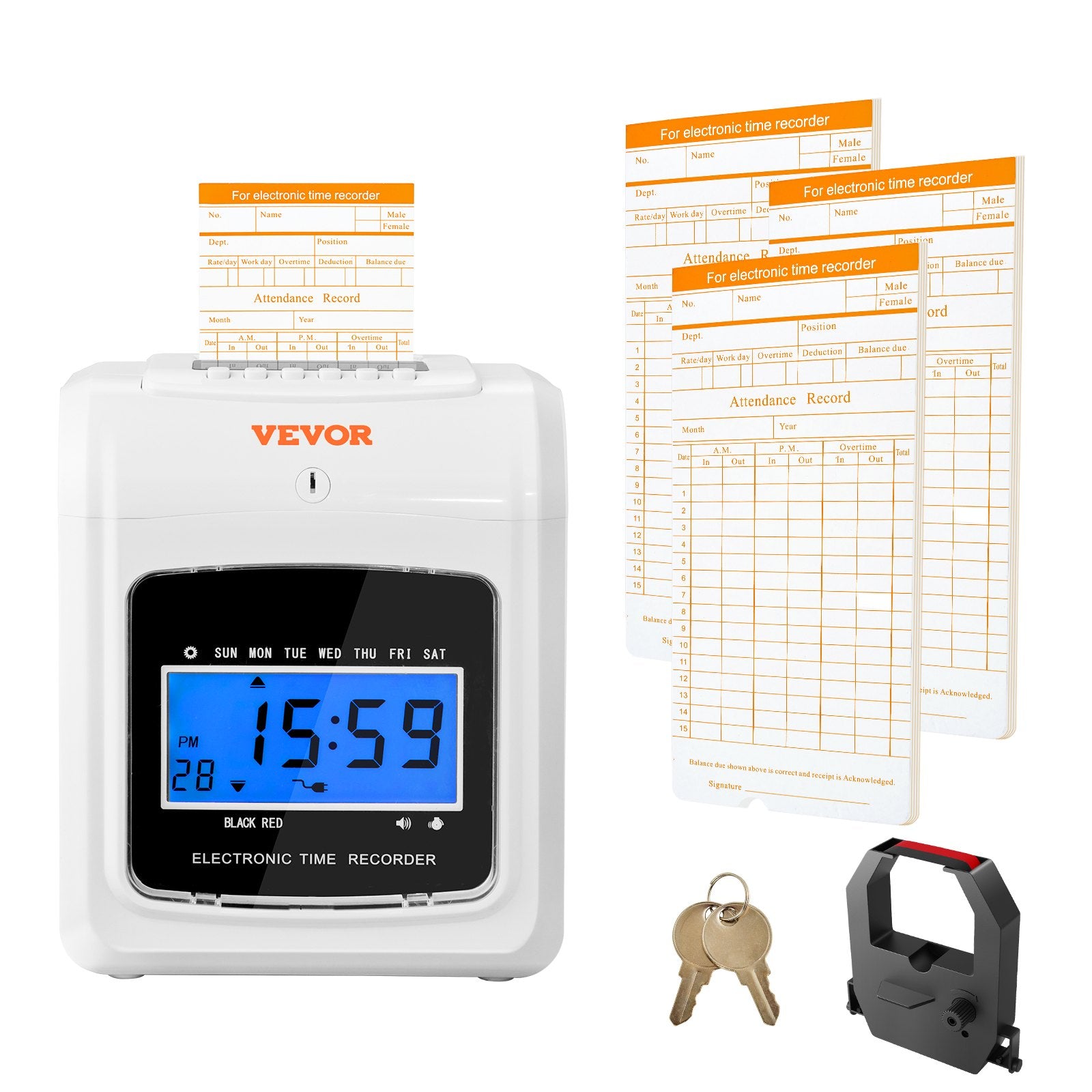 Clocks: VEVOR Punch Time Clock, Time Tracker Machine for Employees of Small Business, 6 Punches per Day, Time Clock Punch Machine Includes 102 Time Cards, 1 Ink Ribbon and 2 Security Keys