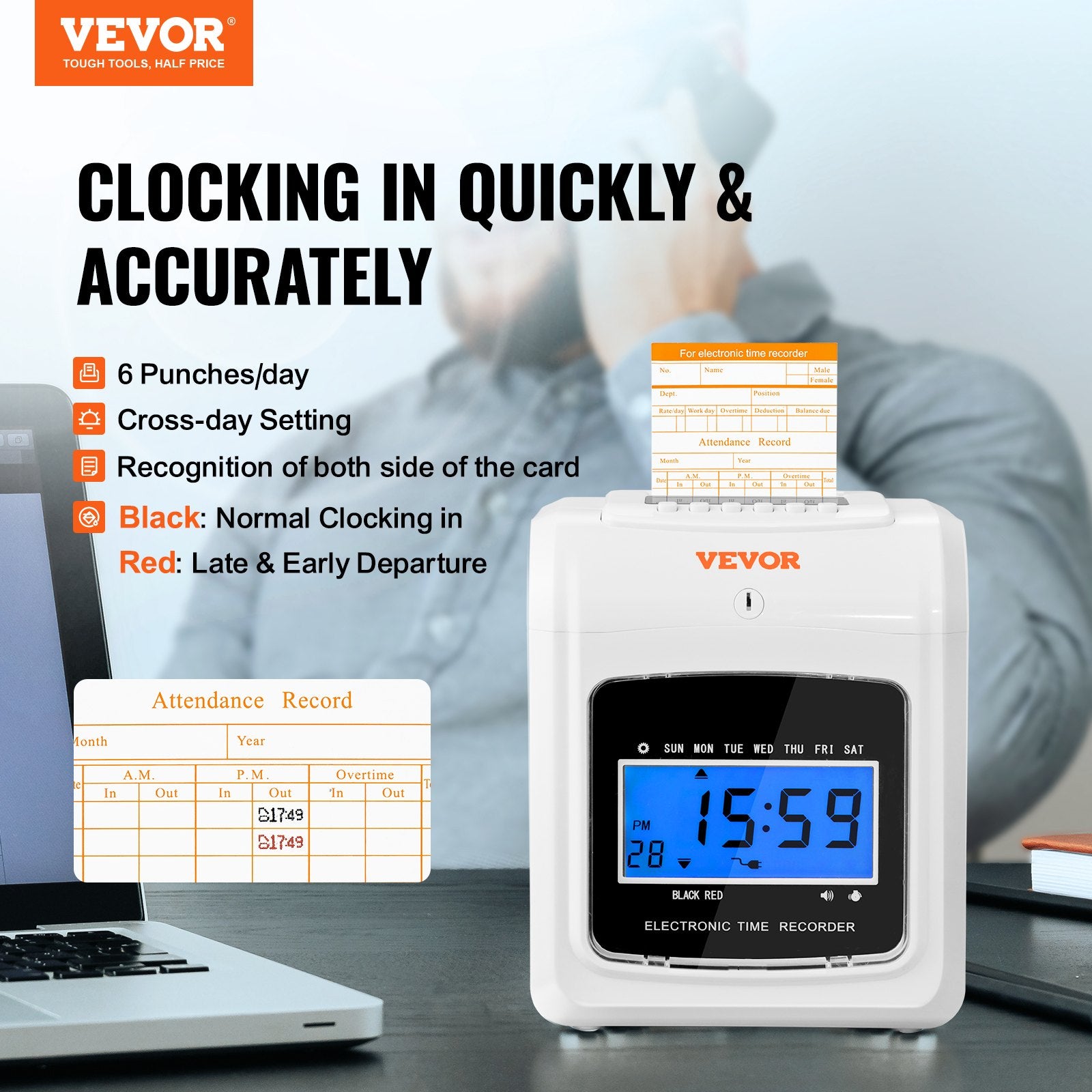 Clocks: VEVOR Punch Time Clock, Time Tracker Machine for Employees of Small Business, 6 Punches per Day, Time Clock Punch Machine Includes 102 Time Cards, 1 Ink Ribbon and 2 Security Keys