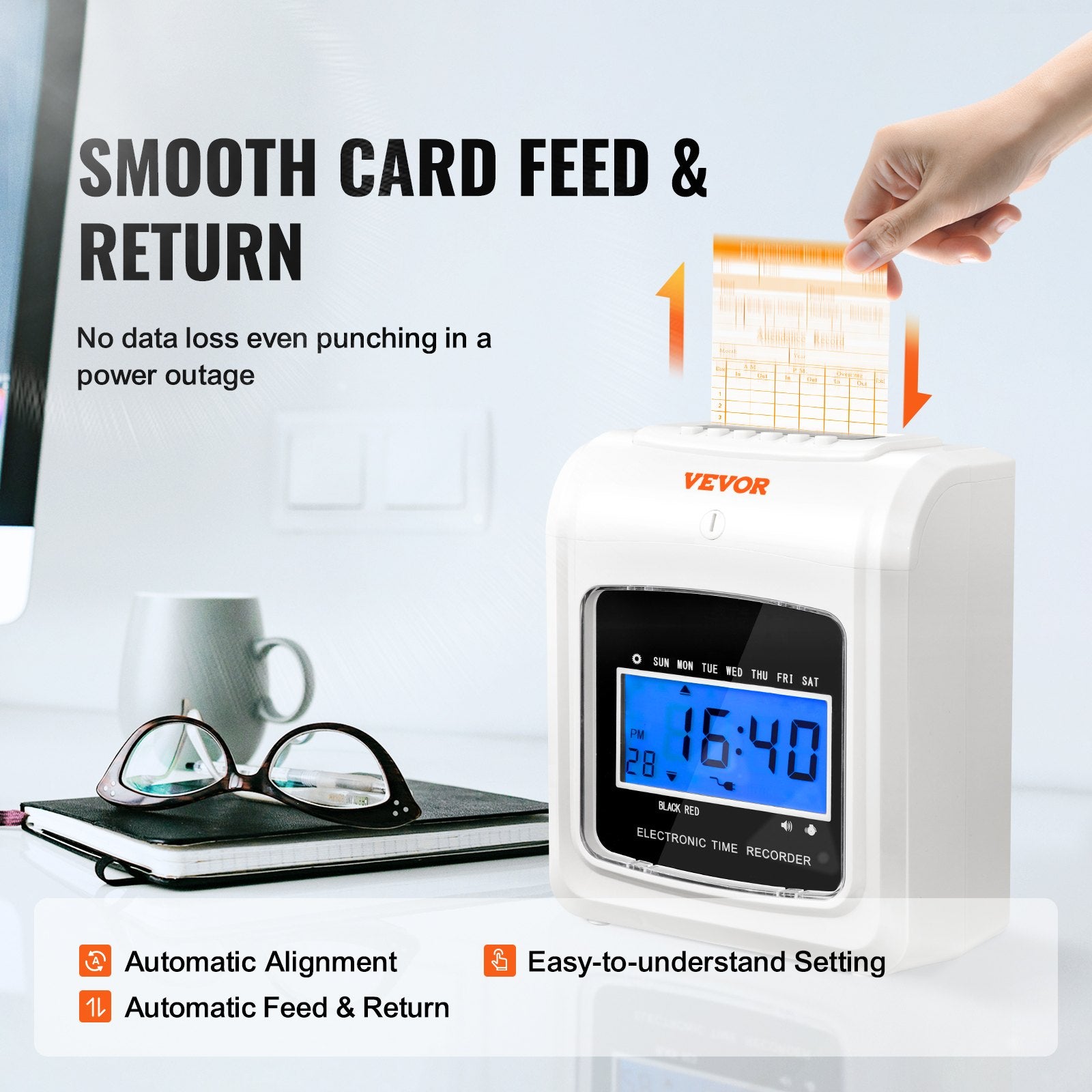 Clocks: VEVOR Punch Time Clock, Time Tracker Machine for Employees of Small Business, 6 Punches per Day, Time Clock Punch Machine Includes 102 Time Cards, 1 Ink Ribbon and 2 Security Keys