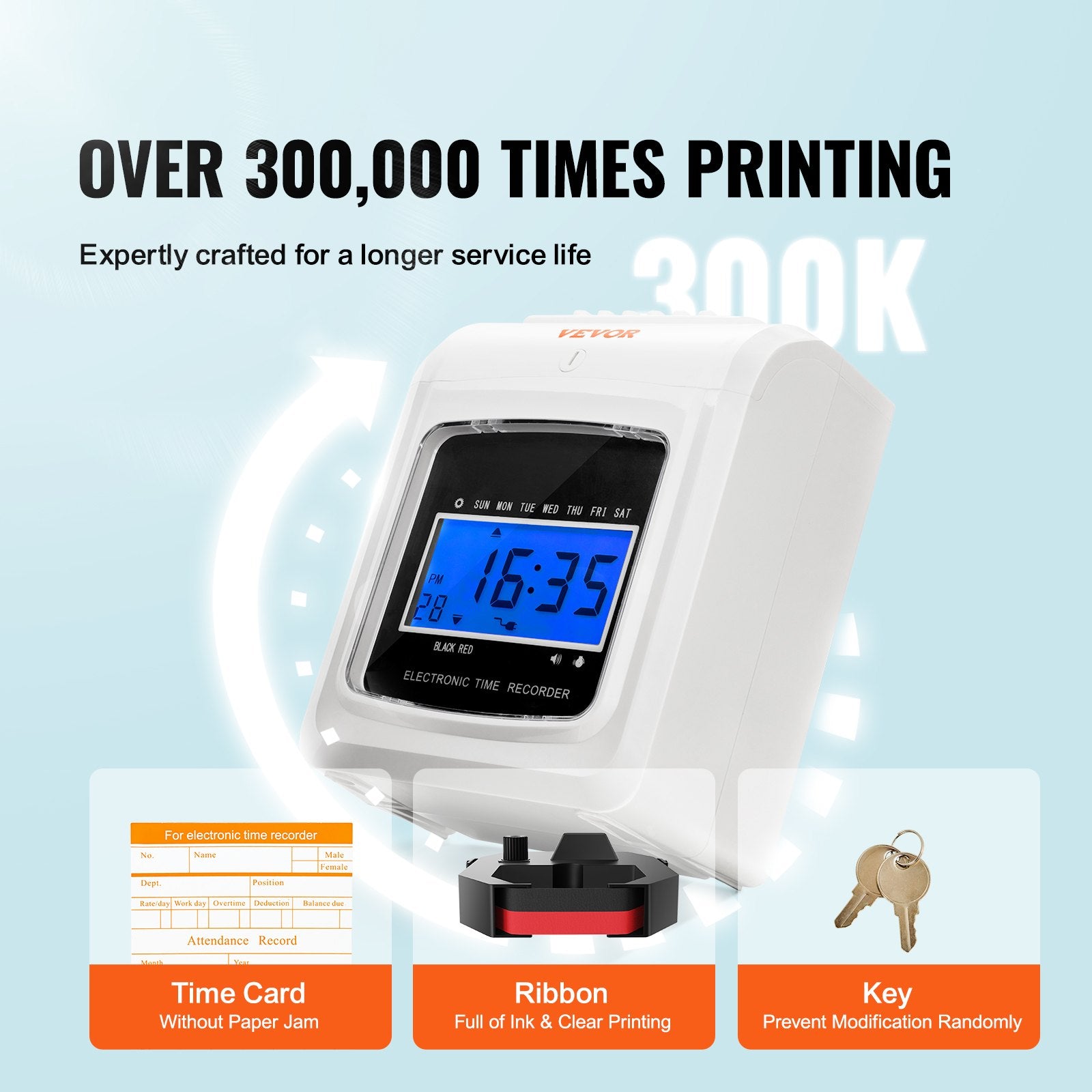 Clocks: VEVOR Punch Time Clock, Time Tracker Machine for Employees of Small Business, 6 Punches per Day, Time Clock Punch Machine Includes 102 Time Cards, 1 Ink Ribbon and 2 Security Keys