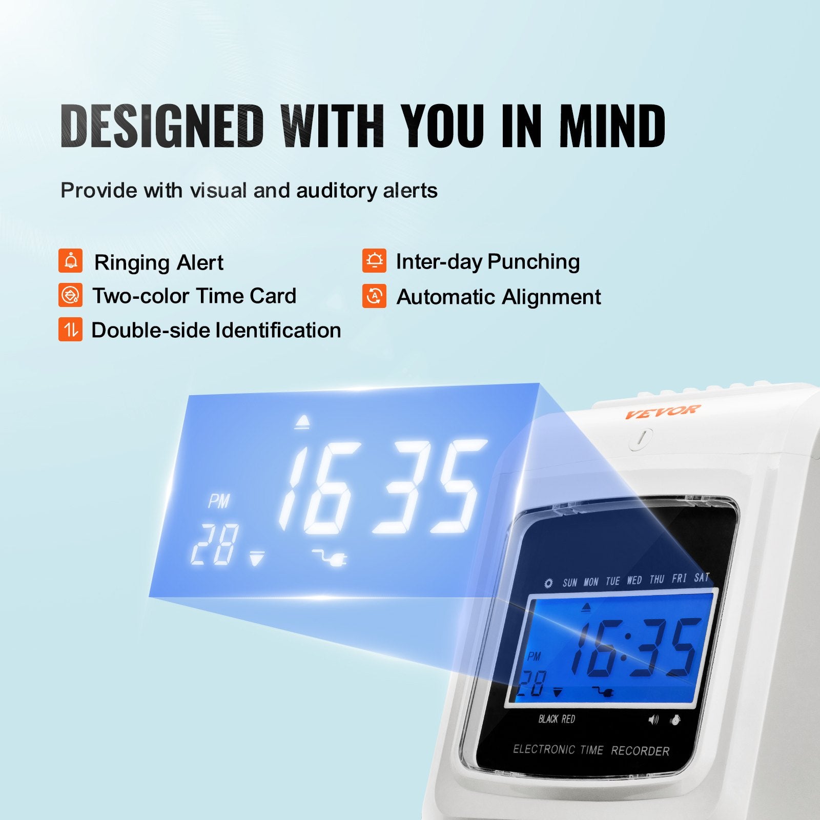 Clocks: VEVOR Punch Time Clock, Time Tracker Machine for Employees of Small Business, 6 Punches per Day, Time Clock Punch Machine Includes 102 Time Cards, 1 Ink Ribbon and 2 Security Keys