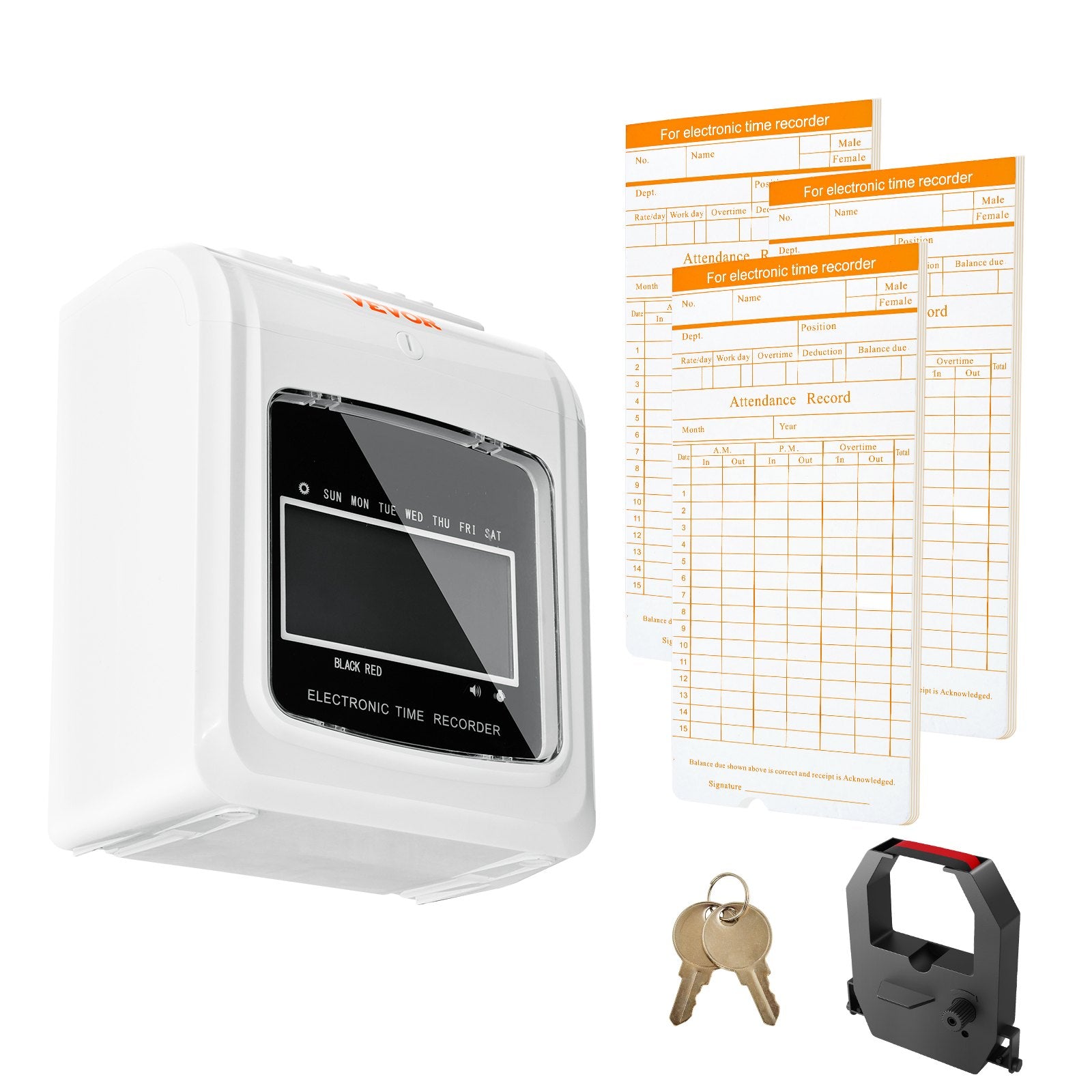 Clocks: VEVOR Punch Time Clock, Time Tracker Machine for Employees of Small Business, 6 Punches per Day, Time Clock Punch Machine Includes 102 Time Cards, 1 Ink Ribbon and 2 Security Keys