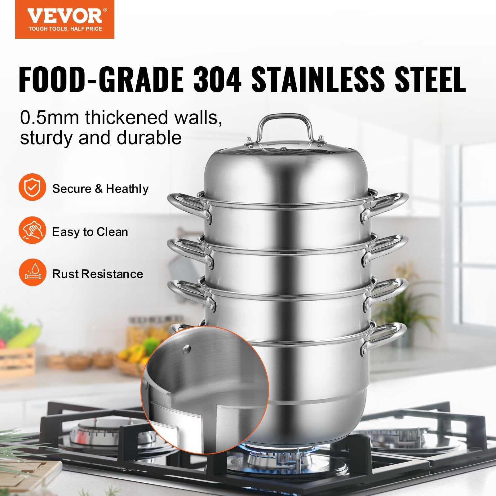 Dumpling Steamer Stainless Steel 5 Titer for for Cook Soup, Noodles, Fishes Work with Gas Electric Grill Stove Top, Dia 30cm/11.8inch, Pot
