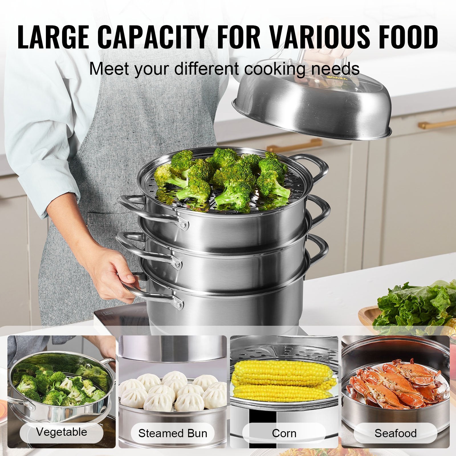 Dumpling Steamer Stainless Steel 5 Titer for for Cook Soup, Noodles, Fishes Work with Gas Electric Grill Stove Top, Dia 30cm/11.8inch, Pot