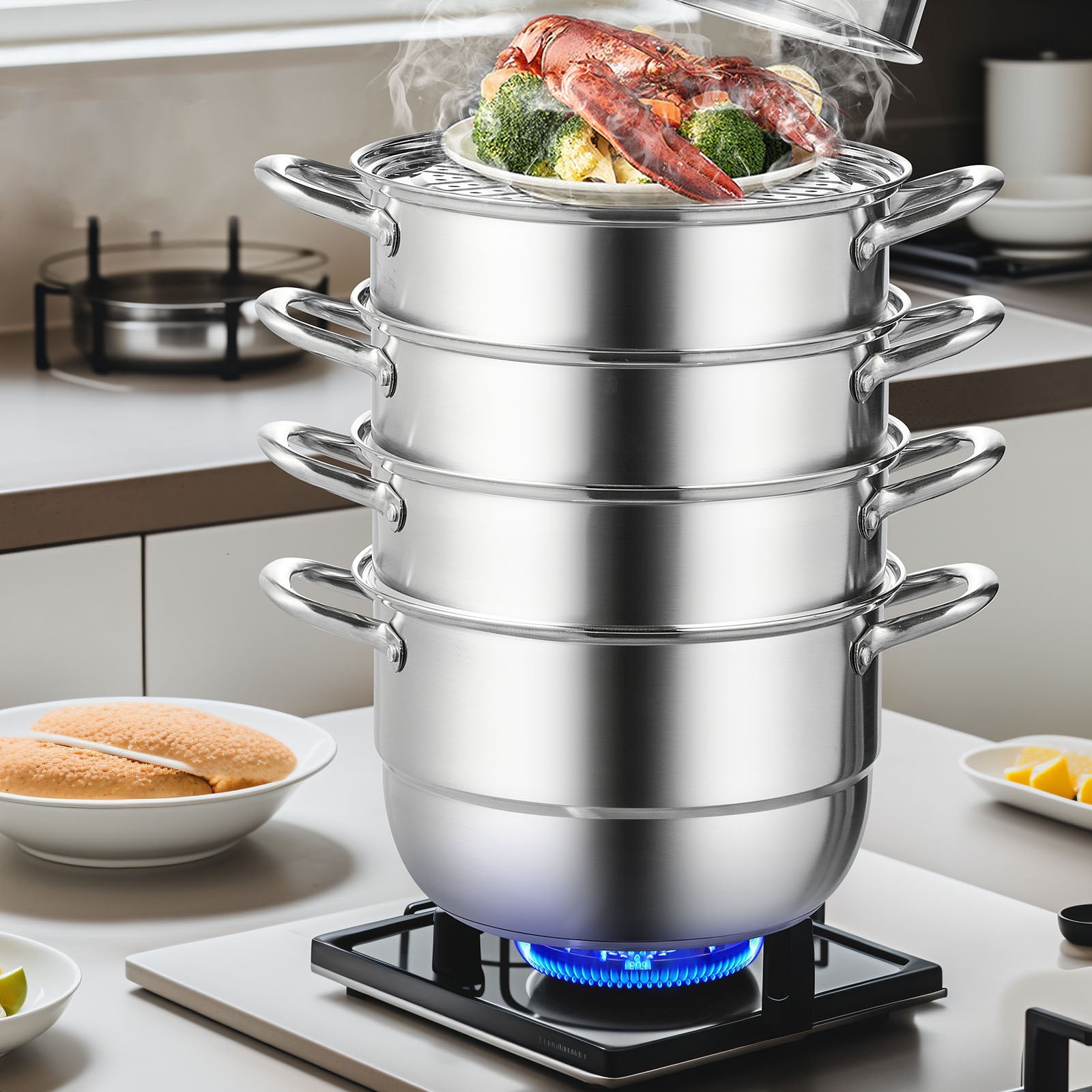 Dumpling Steamer Stainless Steel 5 Titer for for Cook Soup, Noodles, Fishes Work with Gas Electric Grill Stove Top, Dia 30cm/11.8inch, Pot