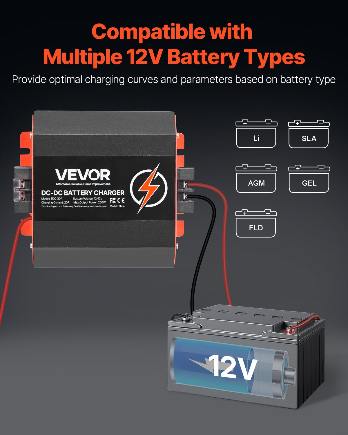 12V 20A DC to DC Charger Battery Charger 250W for Lead-Acid Lithium AGM