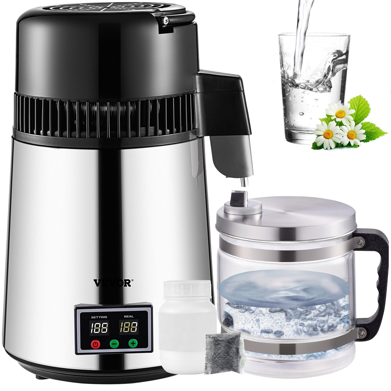 Distilling & Brewing: VEVOR 1.1 Gal Water Distiller, 0.3 Gal/H, 750W Distilled Water Maker Machine 0-99H Timing Set Temp Display, 304 Stainless Steel Countertop Distiller Glass Carafe Cleaning Powder 3 Carbon Packs, Silver