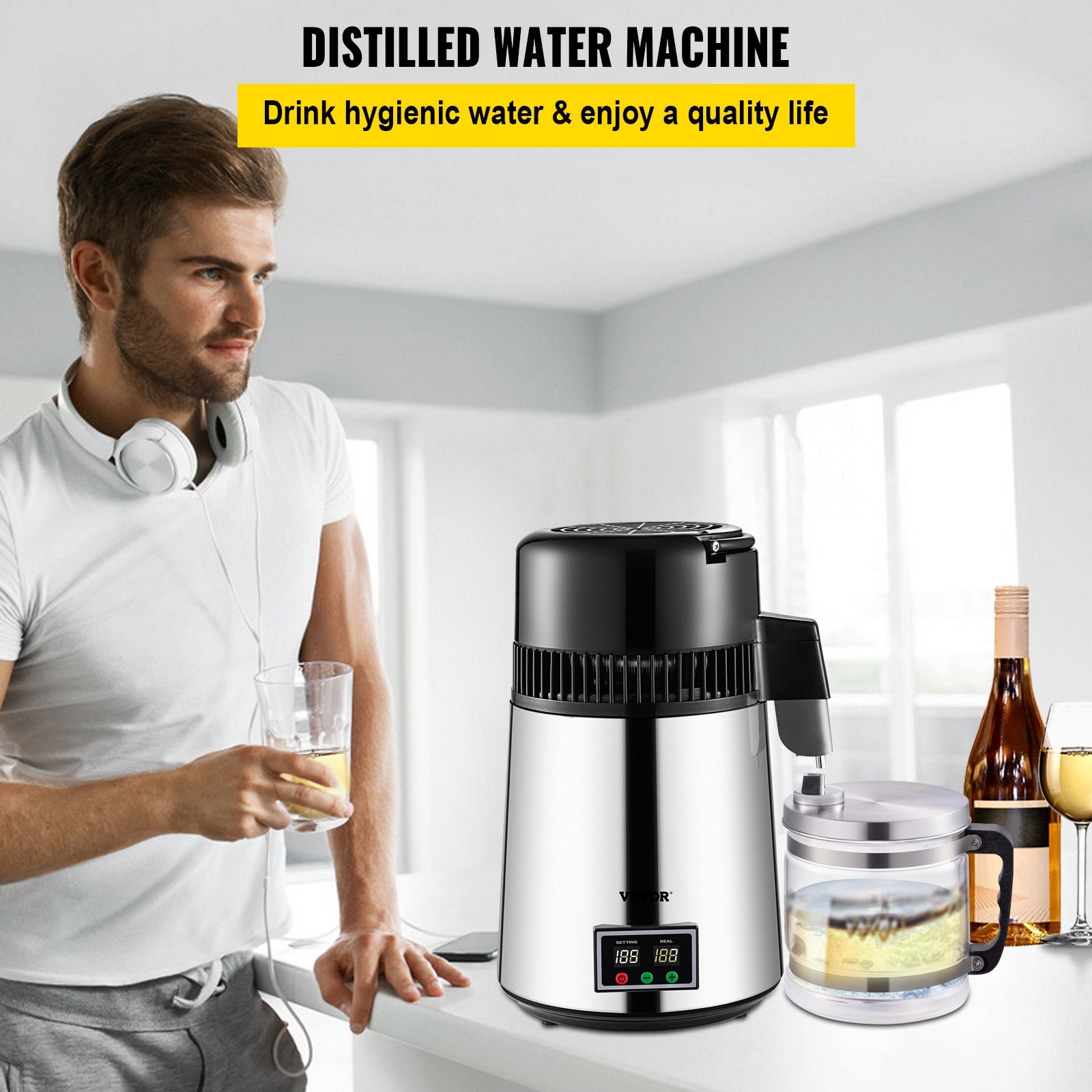 Distilling & Brewing: VEVOR 1.1 Gal Water Distiller, 0.3 Gal/H, 750W Distilled Water Maker Machine 0-99H Timing Set Temp Display, 304 Stainless Steel Countertop Distiller Glass Carafe Cleaning Powder 3 Carbon Packs, Silver