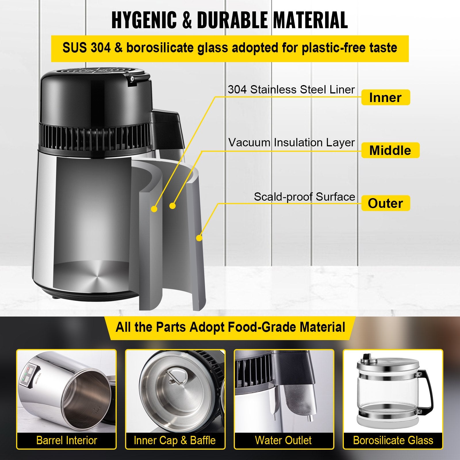 Distilling & Brewing: VEVOR 1.1 Gal Water Distiller, 0.3 Gal/H, 750W Distilled Water Maker Machine 0-99H Timing Set Temp Display, 304 Stainless Steel Countertop Distiller Glass Carafe Cleaning Powder 3 Carbon Packs, Silver
