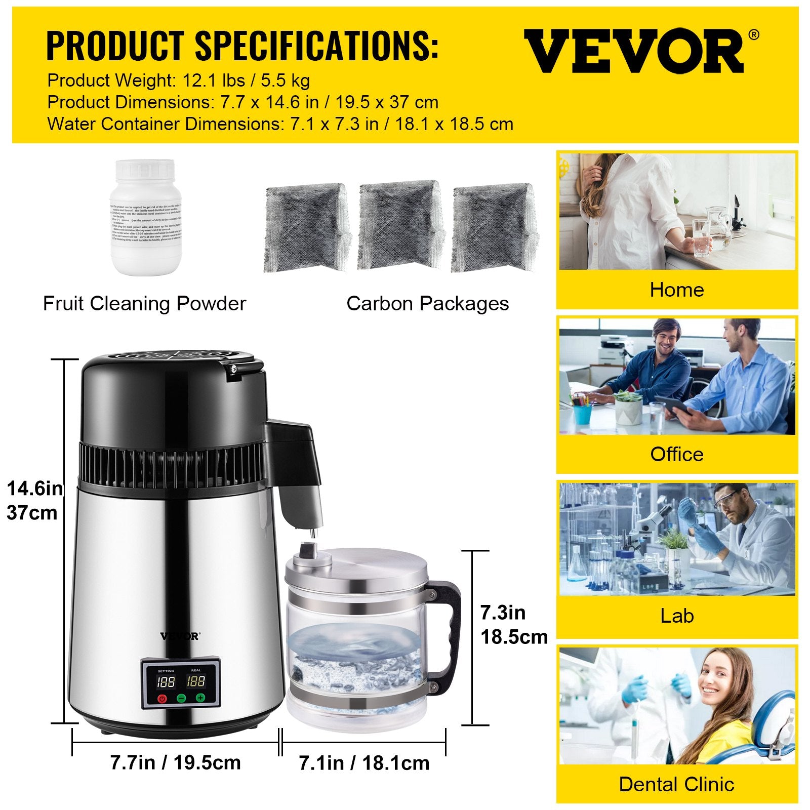 Distilling & Brewing: VEVOR 1.1 Gal Water Distiller, 0.3 Gal/H, 750W Distilled Water Maker Machine 0-99H Timing Set Temp Display, 304 Stainless Steel Countertop Distiller Glass Carafe Cleaning Powder 3 Carbon Packs, Silver