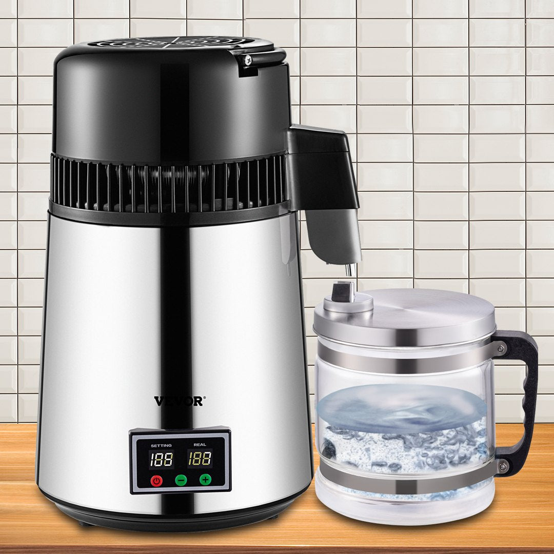 Distilling & Brewing: VEVOR 1.1 Gal Water Distiller, 0.3 Gal/H, 750W Distilled Water Maker Machine 0-99H Timing Set Temp Display, 304 Stainless Steel Countertop Distiller Glass Carafe Cleaning Powder 3 Carbon Packs, Silver