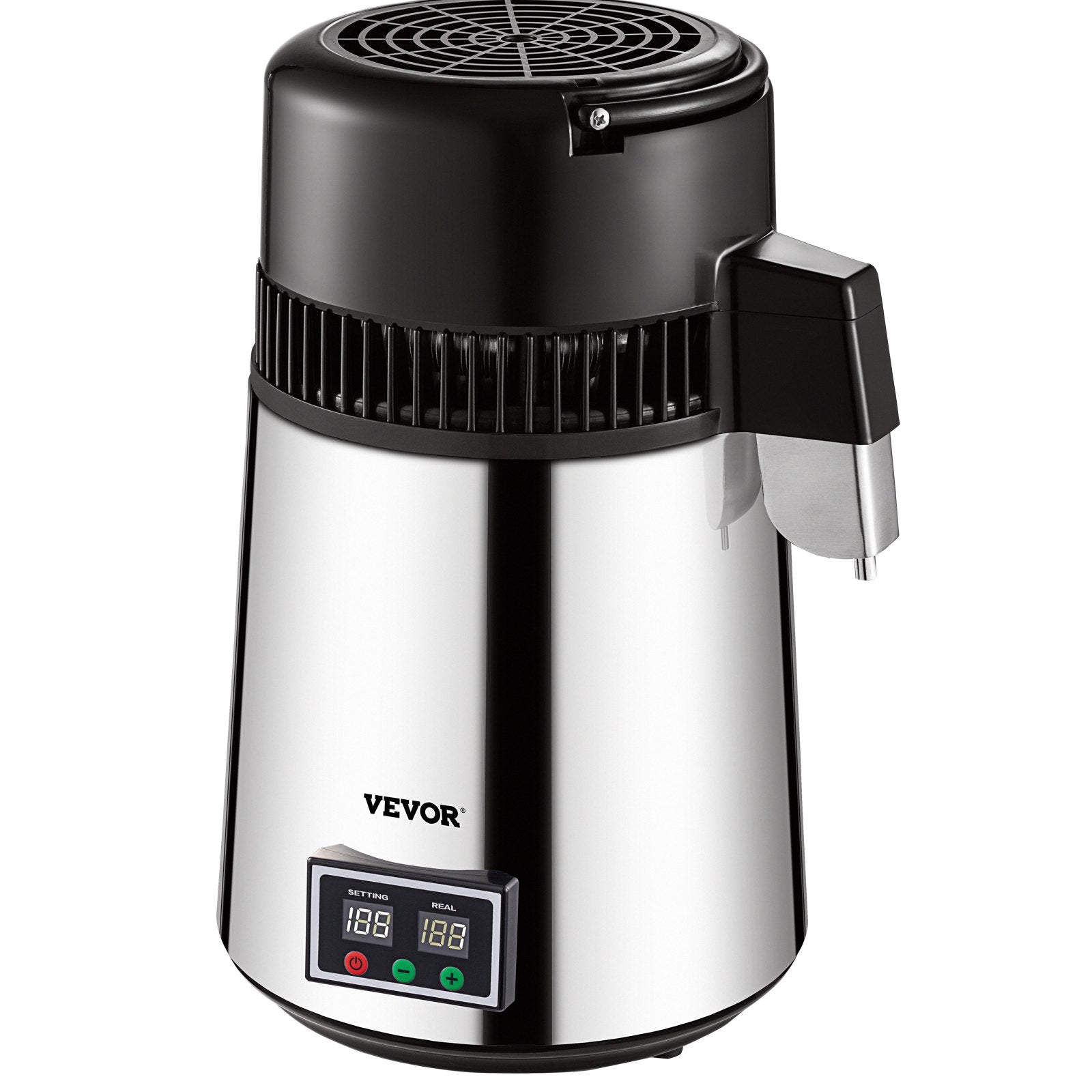 Distilling & Brewing: VEVOR 1.1 Gal Water Distiller, 0.3 Gal/H, 750W Distilled Water Maker Machine 0-99H Timing Set Temp Display, 304 Stainless Steel Countertop Distiller Glass Carafe Cleaning Powder 3 Carbon Packs, Silver