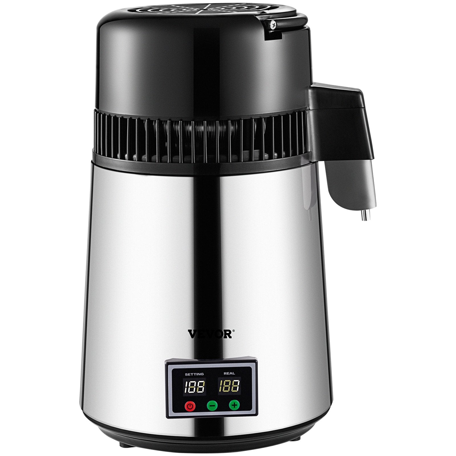 Distilling & Brewing: VEVOR 1.1 Gal Water Distiller, 0.3 Gal/H, 750W Distilled Water Maker Machine 0-99H Timing Set Temp Display, 304 Stainless Steel Countertop Distiller Glass Carafe Cleaning Powder 3 Carbon Packs, Silver