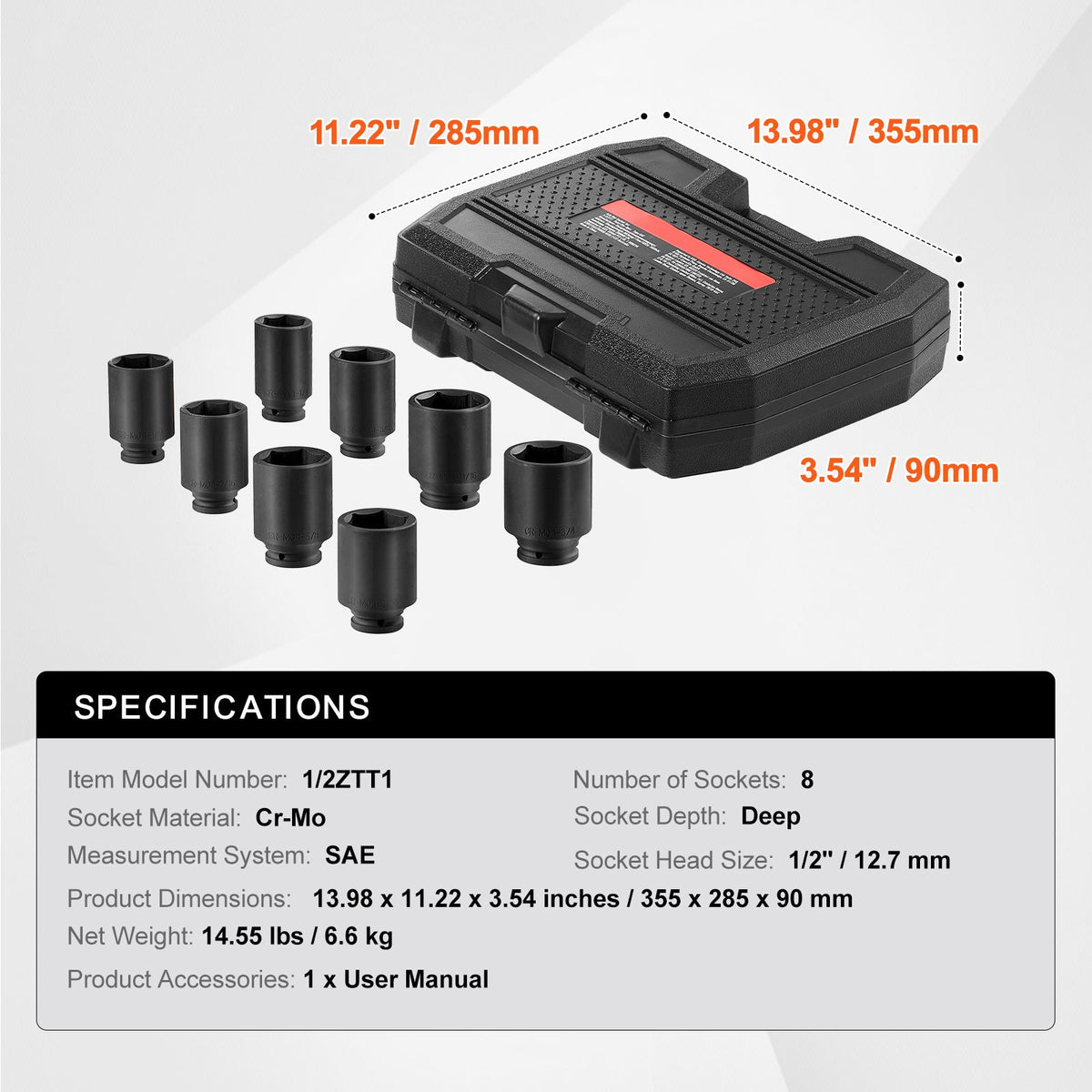 Axle Nut Impact Socket Set, 1/2" Drive Deep 6-Point 8-Piece SAE Spindle Nut Socket Set, CR-MO Heat Treated Large Socket Set with Storage Case, for Auto Repair, Removing or Installing Axle Nuts