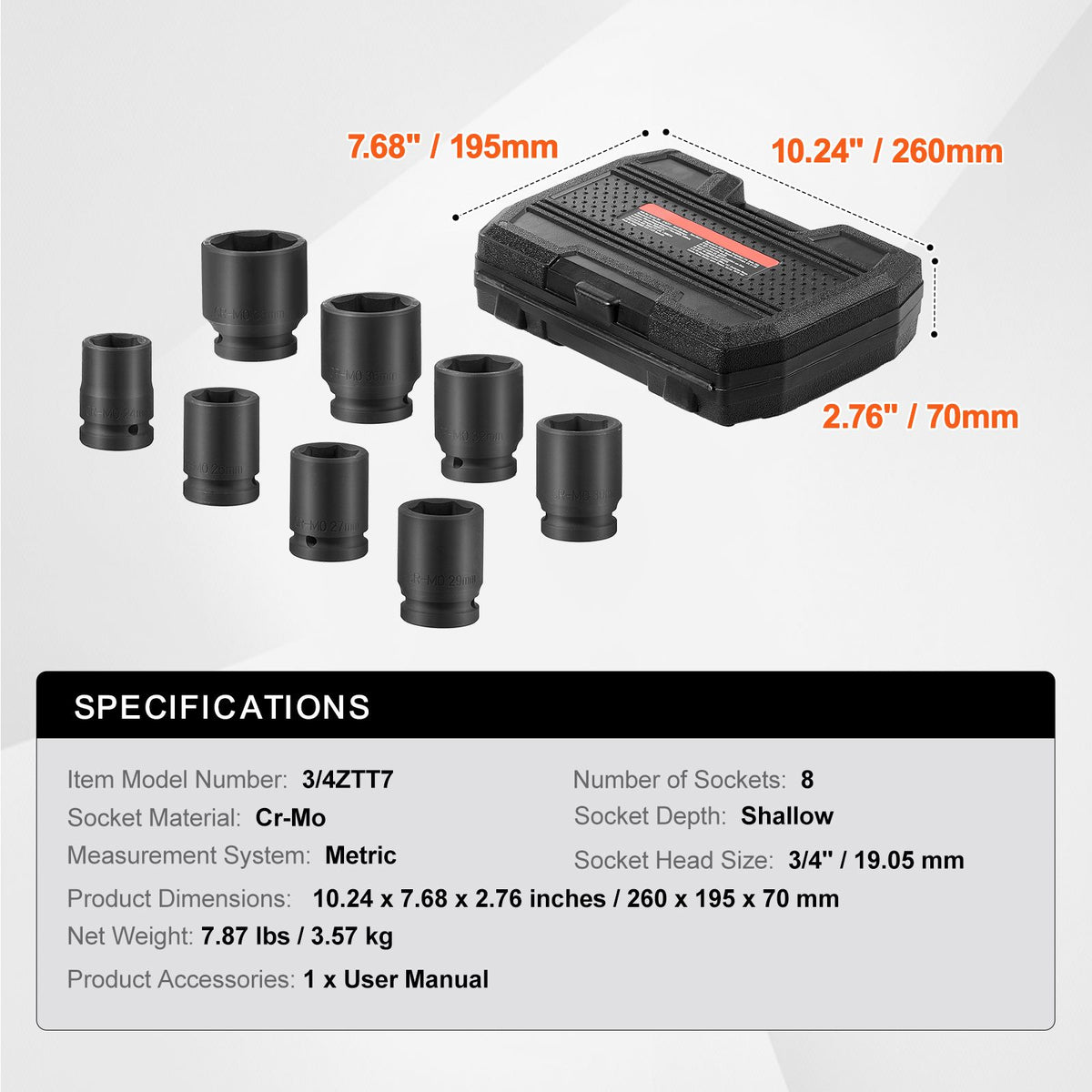 Axle Nut Impact Socket Set, 3/4" Drive 6-Point 8-Piece Metric Spindle Nut Socket Set, CR-MO Heat Treated Large Socket Set with Storage Case, for Auto Repair, Removing or Installing Axle Nuts