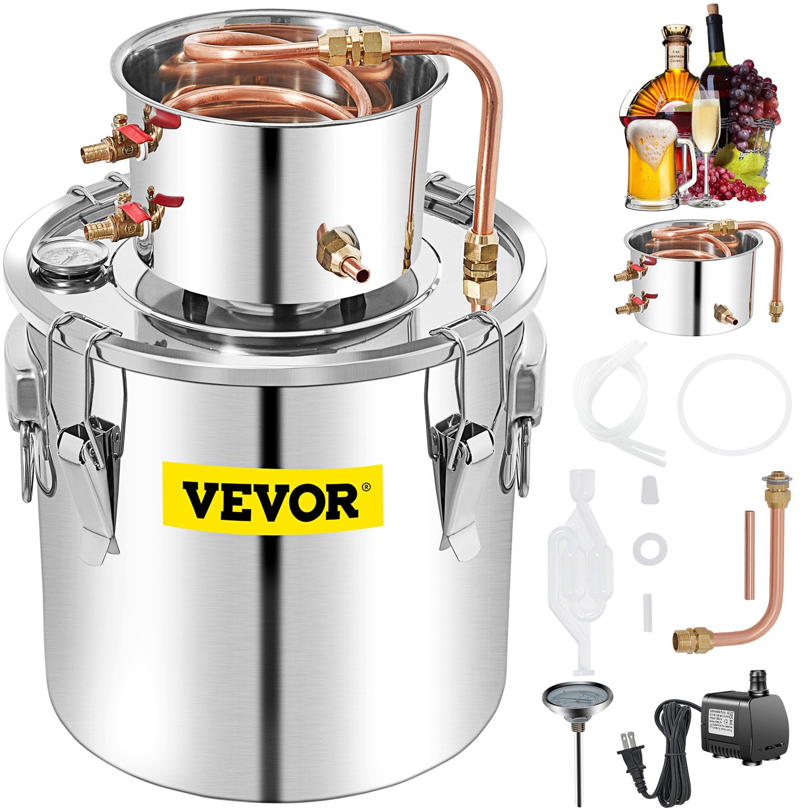 Distilling & Brewing: VEVOR 50L Water Alcohol Distiller Copper Moonshinestill Brewing w/ Water Pump