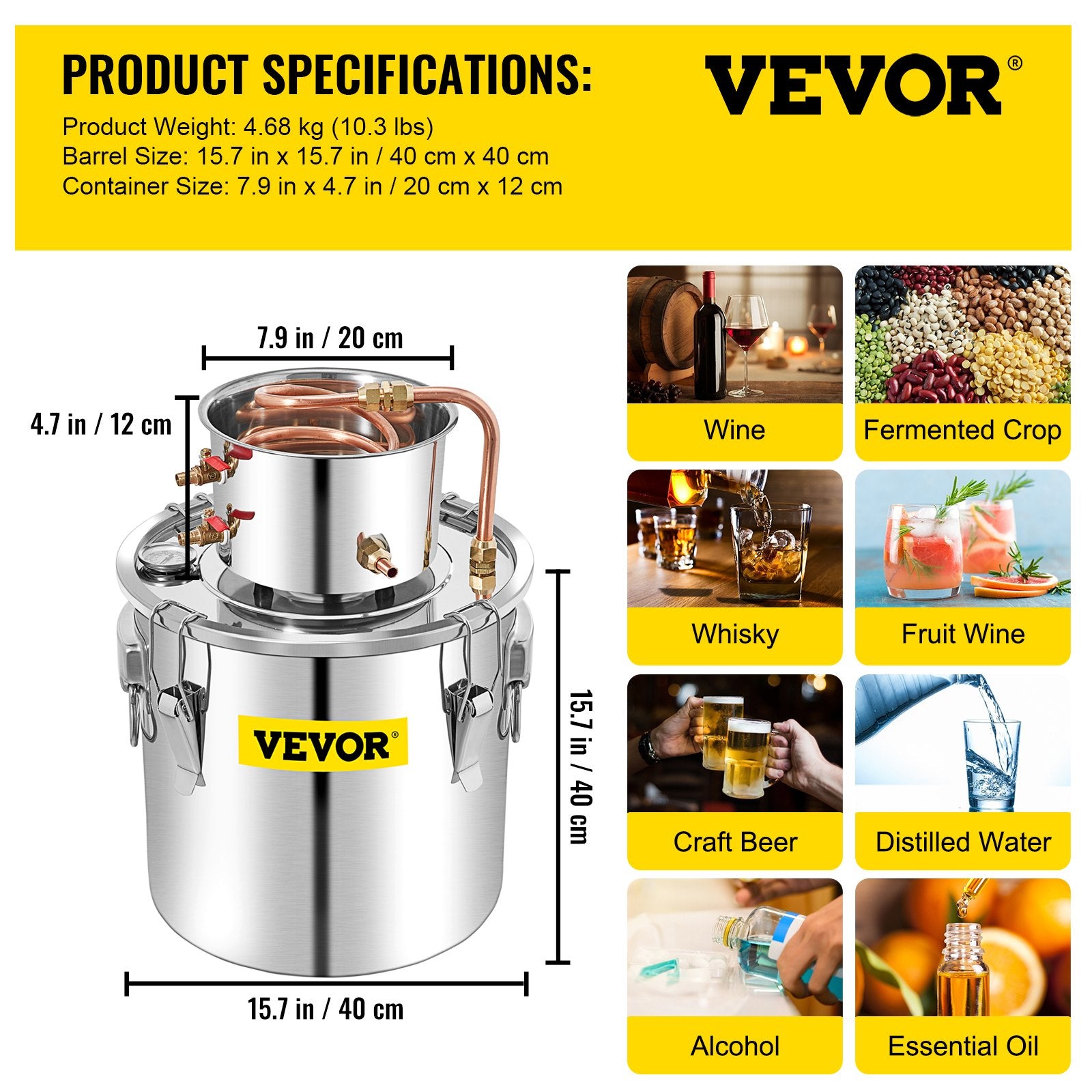 Distilling & Brewing: VEVOR 50L Water Alcohol Distiller Copper Moonshinestill Brewing w/ Water Pump