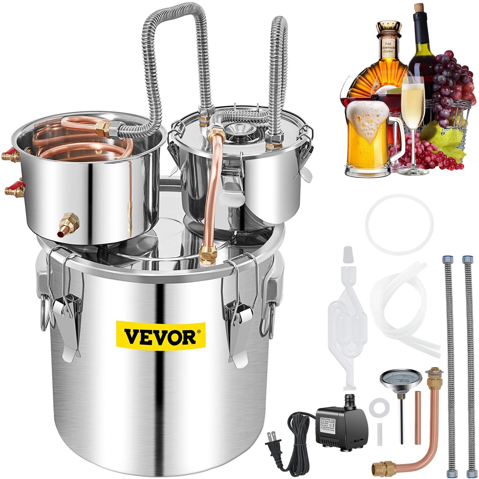 Distilling & Brewing: VEVOR Moonshine Still Water Alcohol Distiller 50L w/Thumper Keg & Water Pump