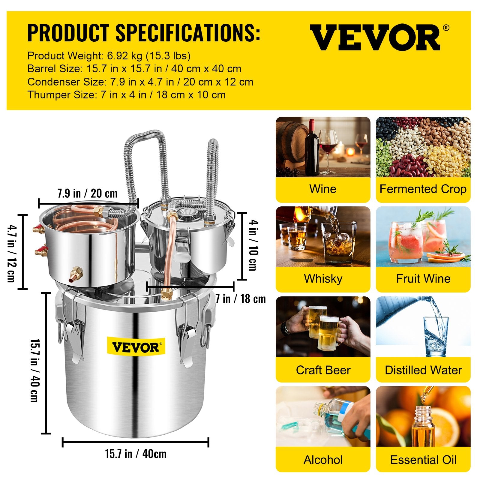 Distilling & Brewing: VEVOR Moonshine Still Water Alcohol Distiller 50L w/Thumper Keg & Water Pump