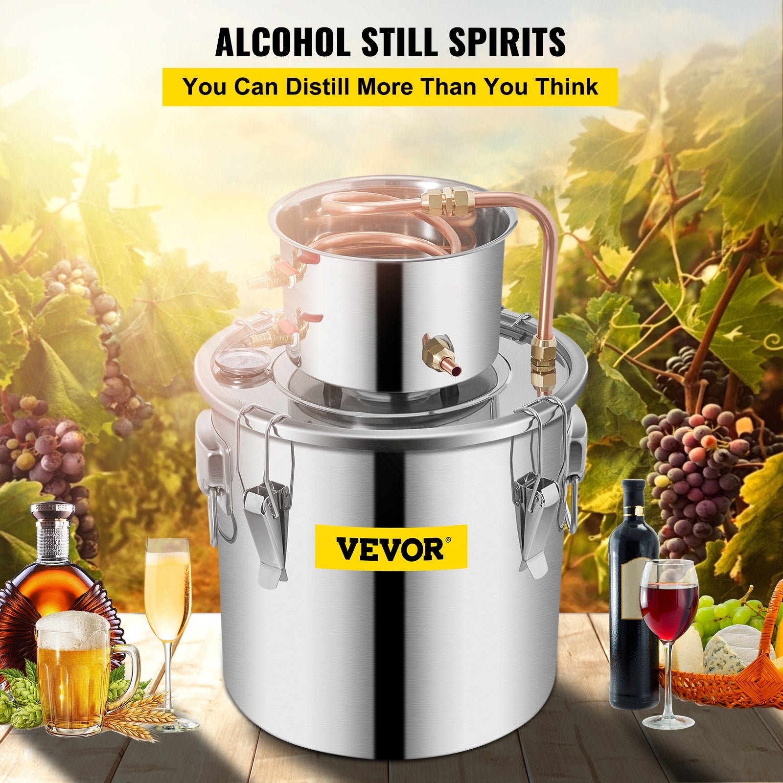 Distilling & Brewing: VEVOR Moonshine Still 3 Gal 12L Stainless Steel Water Alcohol Distiller Copper Tube Home Brewing Kit Build-in Thermometer for DIY Whisky Wine Brandy, 3Gal, Sliver