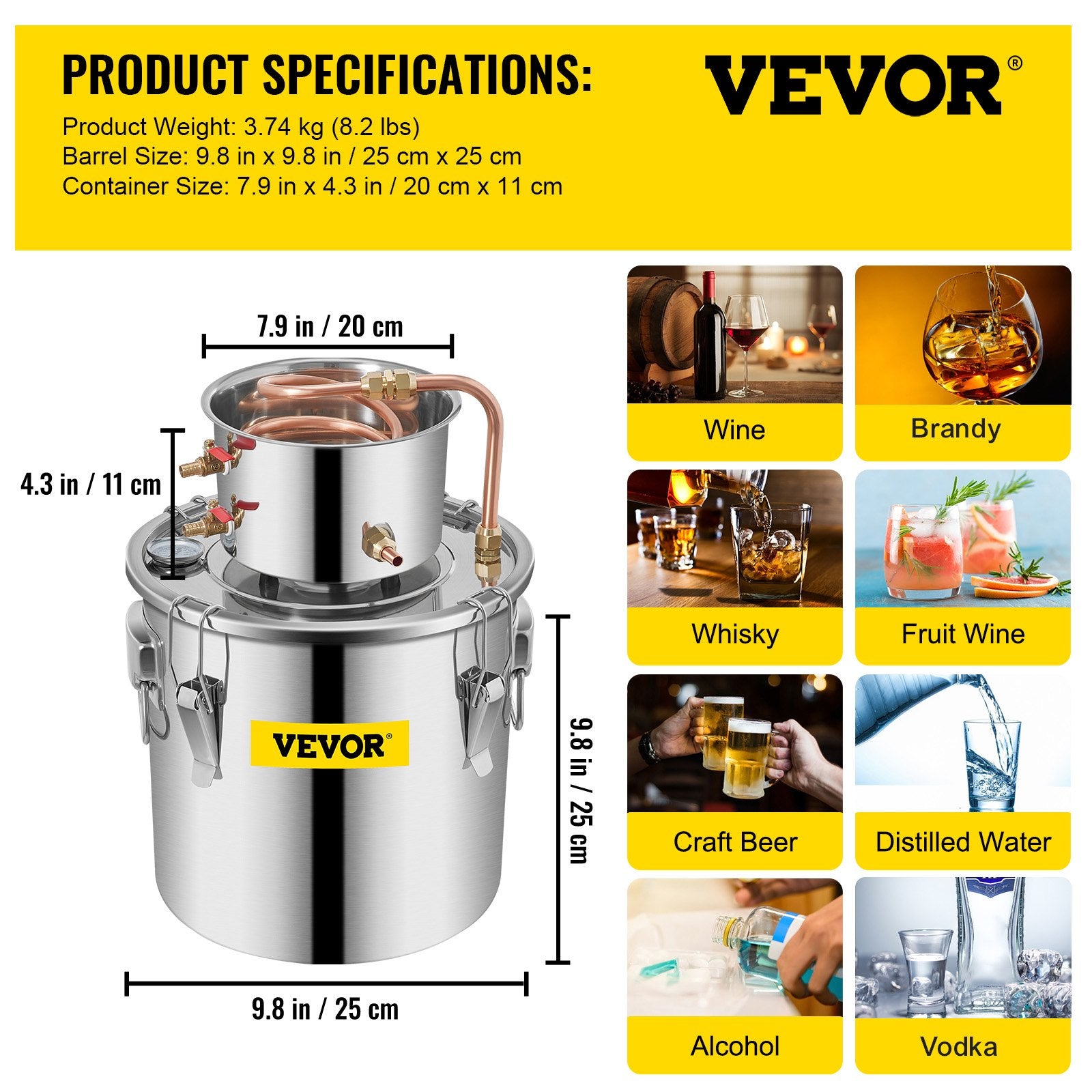 Distilling & Brewing: VEVOR Moonshine Still 3 Gal 12L Stainless Steel Water Alcohol Distiller Copper Tube Home Brewing Kit Build-in Thermometer for DIY Whisky Wine Brandy, 3Gal, Sliver