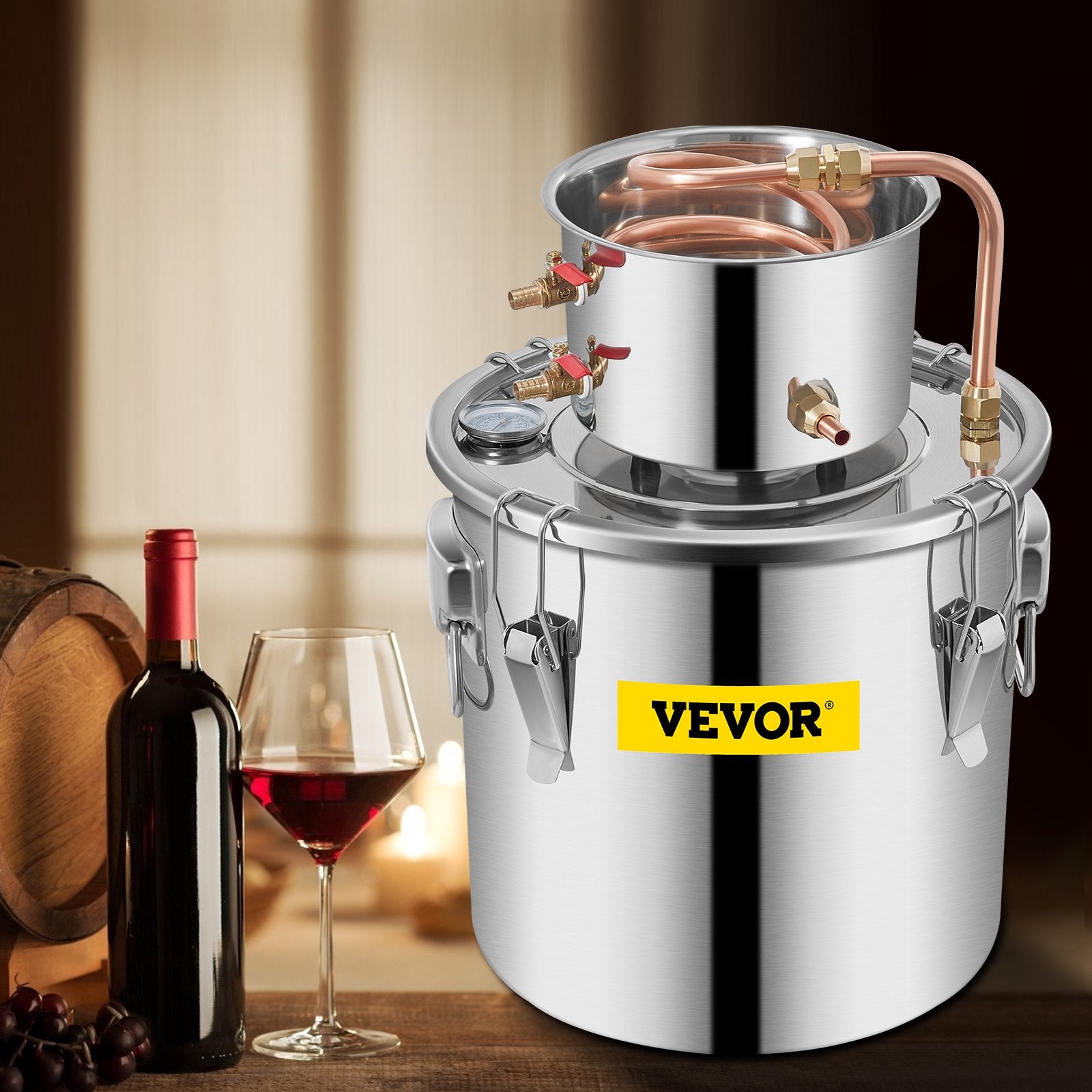 Distilling & Brewing: VEVOR Moonshine Still 3 Gal 12L Stainless Steel Water Alcohol Distiller Copper Tube Home Brewing Kit Build-in Thermometer for DIY Whisky Wine Brandy, 3Gal, Sliver
