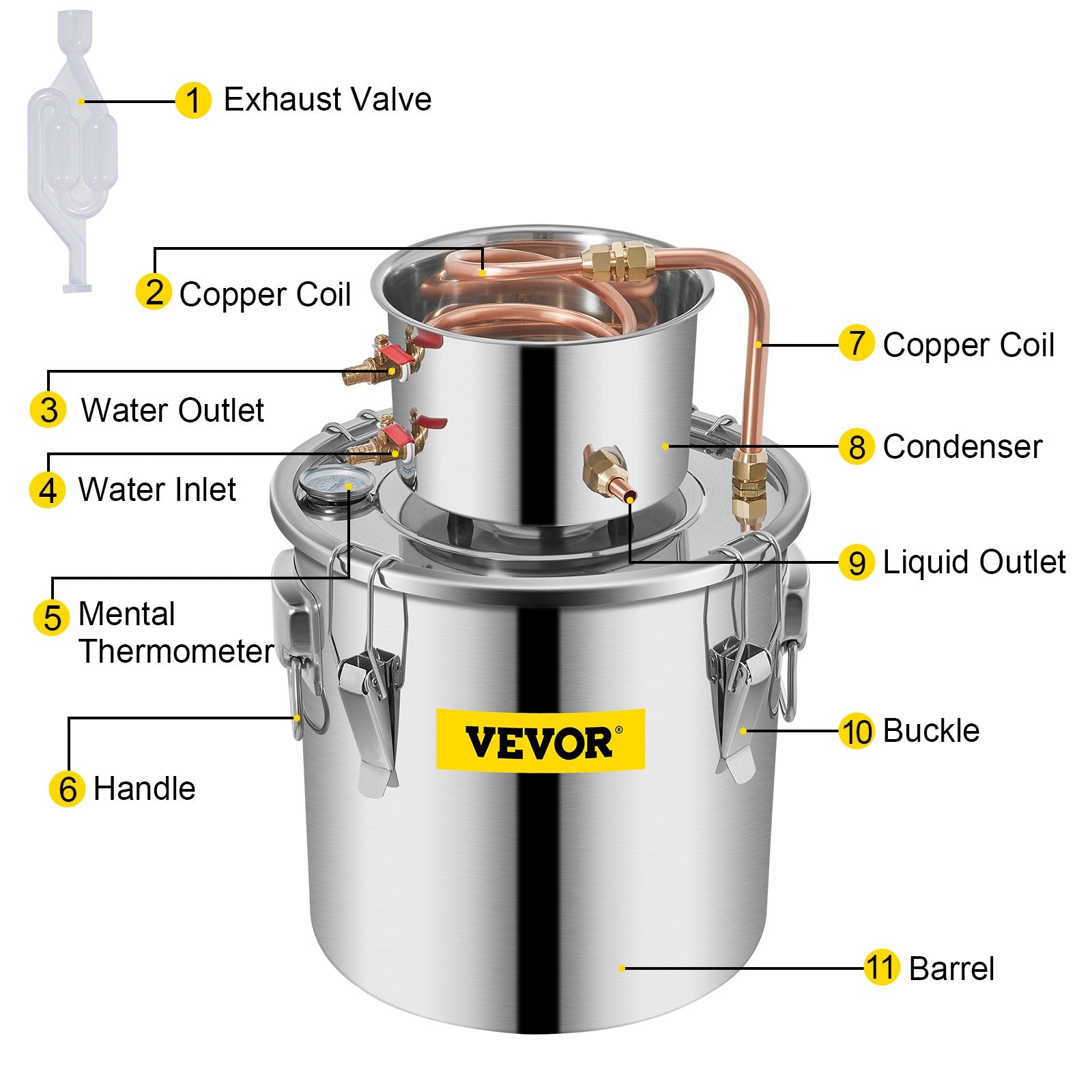 Distilling & Brewing: VEVOR Moonshine Still 3 Gal 12L Stainless Steel Water Alcohol Distiller Copper Tube Home Brewing Kit Build-in Thermometer for DIY Whisky Wine Brandy, 3Gal, Sliver