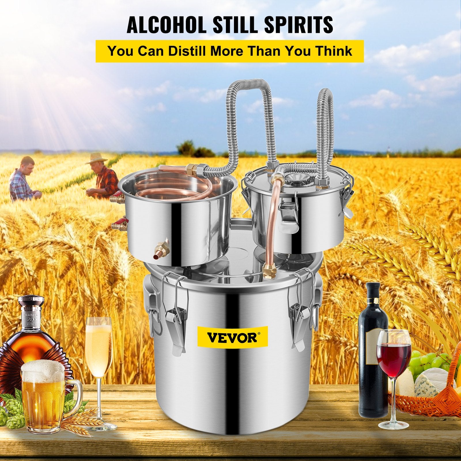 Distilling & Brewing: VEVOR Moonshine Still 5 Gal 21L Stainless Steel Water Alcohol Distiller Copper Tube Home Brewing Kit Build-in Thermometer for DIY Whisky Wine Brandy, 5GAL, 3 pots