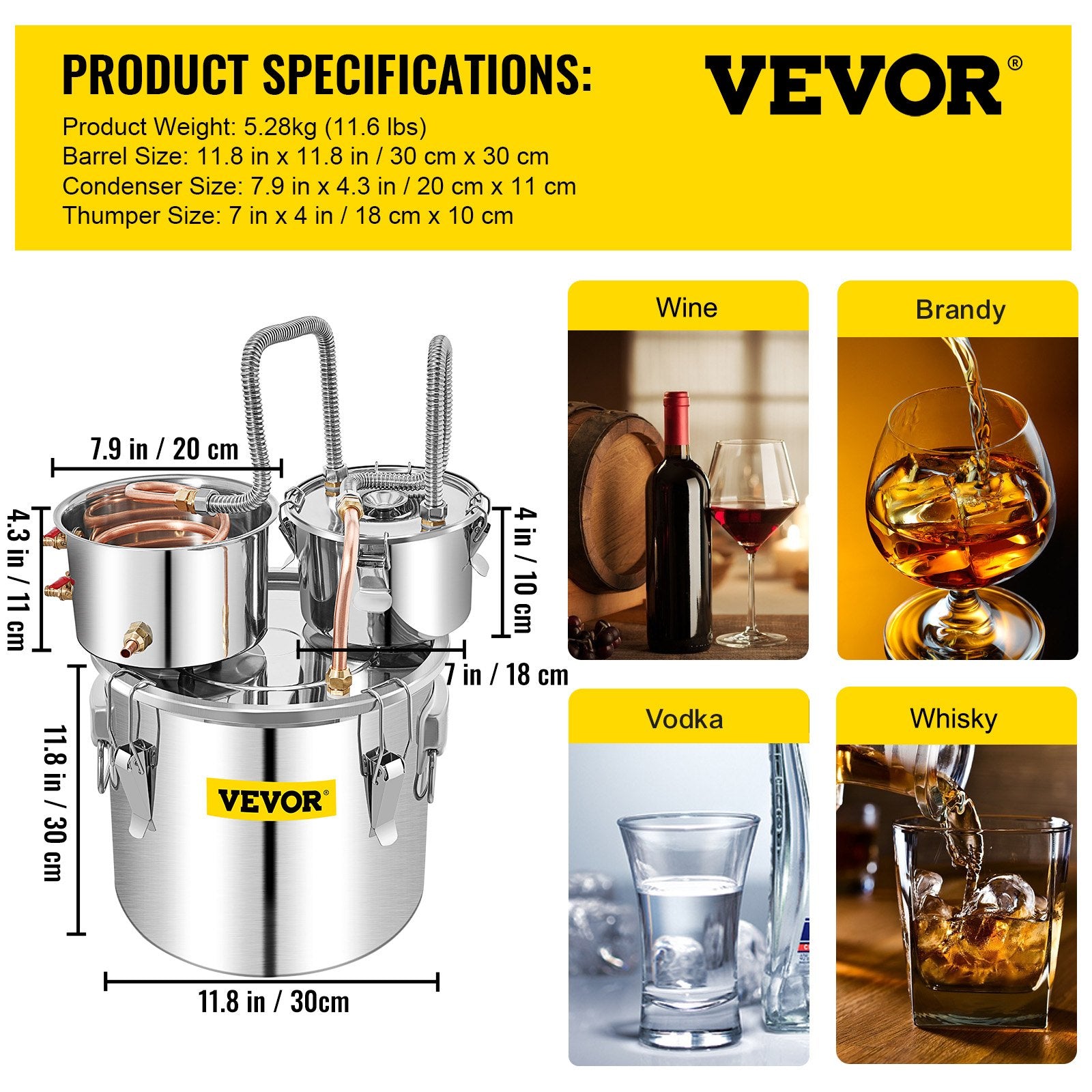 Distilling & Brewing: VEVOR Moonshine Still 5 Gal 21L Stainless Steel Water Alcohol Distiller Copper Tube Home Brewing Kit Build-in Thermometer for DIY Whisky Wine Brandy, 5GAL, 3 pots