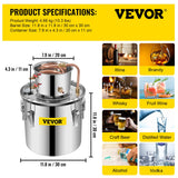 Distilling & Brewing: VEVOR Moonshine Still 5 Gal 21L Stainless Steel Water Alcohol Distiller Copper Tube Home Brewing Kit Build-in Thermometer for DIY Whisky Wine Brandy, 5Gal, Silver