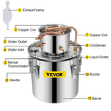Distilling & Brewing: VEVOR Moonshine Still 5 Gal 21L Stainless Steel Water Alcohol Distiller Copper Tube Home Brewing Kit Build-in Thermometer for DIY Whisky Wine Brandy, 5Gal, Silver