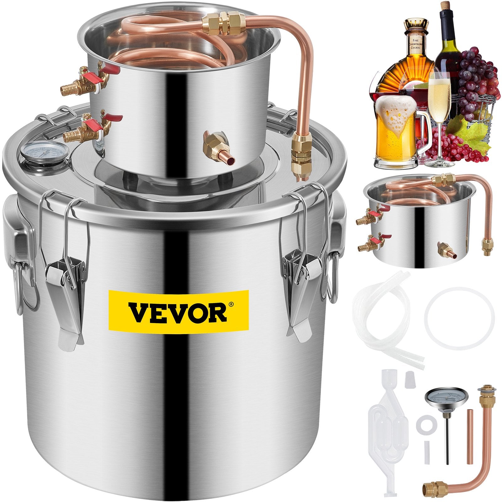 Moonshine Still 9.6Gal 38L Stainless Steel Water Alcohol Distiller Copper Tube Home Brewing Kit Build-in Thermometer for DIY Whisky Wine Brandy, Sliver