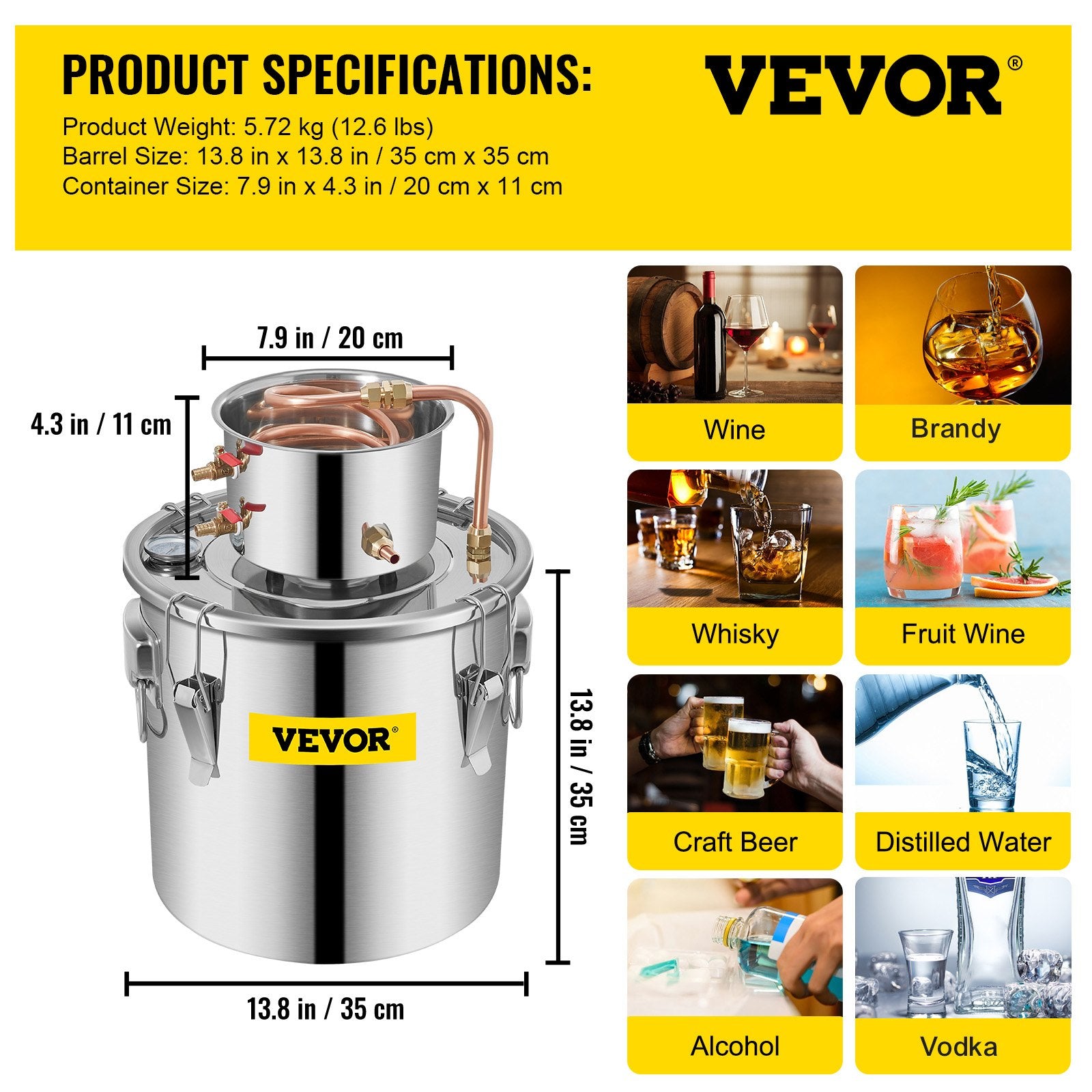 Moonshine Still 9.6Gal 38L Stainless Steel Water Alcohol Distiller Copper Tube Home Brewing Kit Build-in Thermometer for DIY Whisky Wine Brandy, Sliver