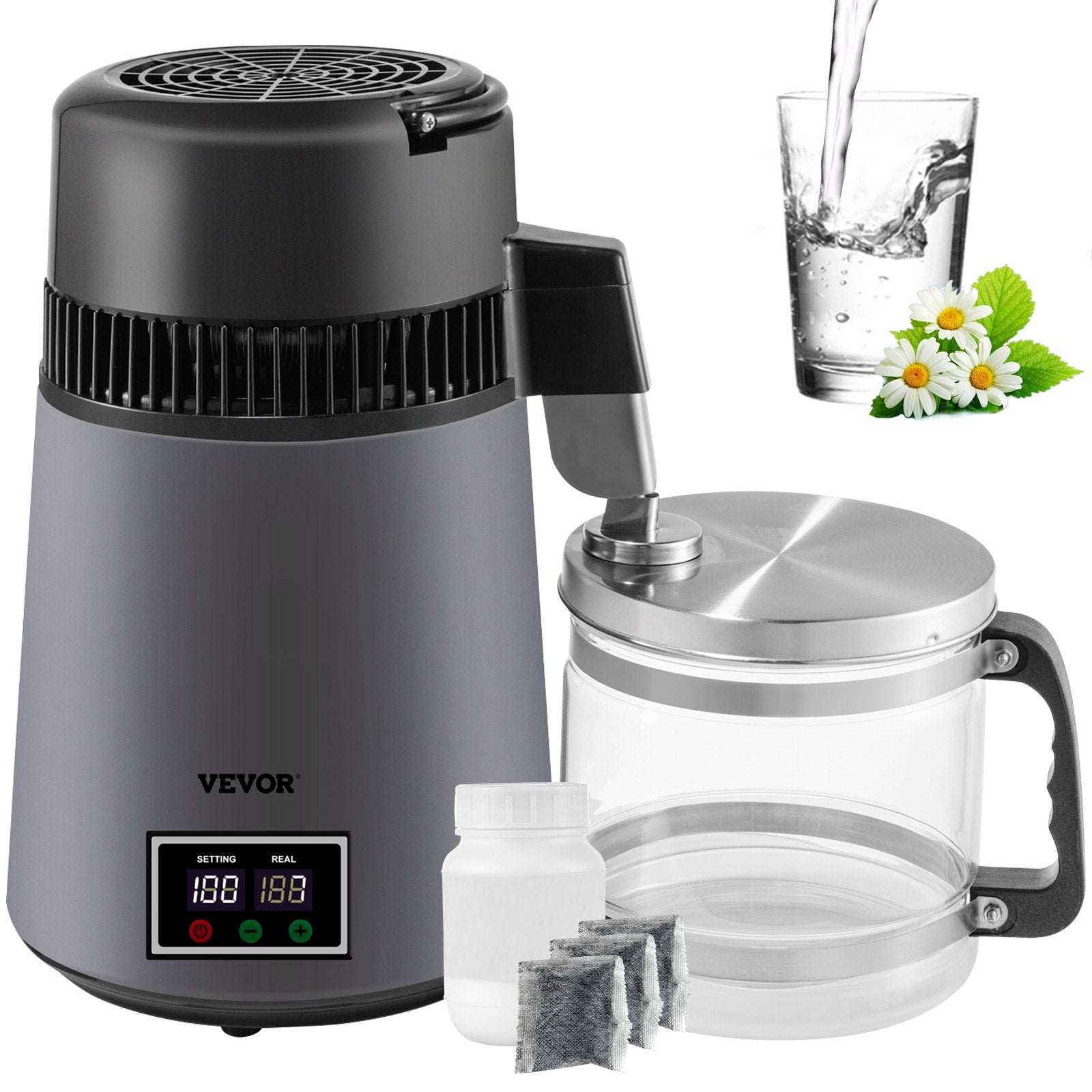 Shower Accessories: VEVOR Home Water Distiller Distilled Water Maker 4 L with Dual Temp Display Grey