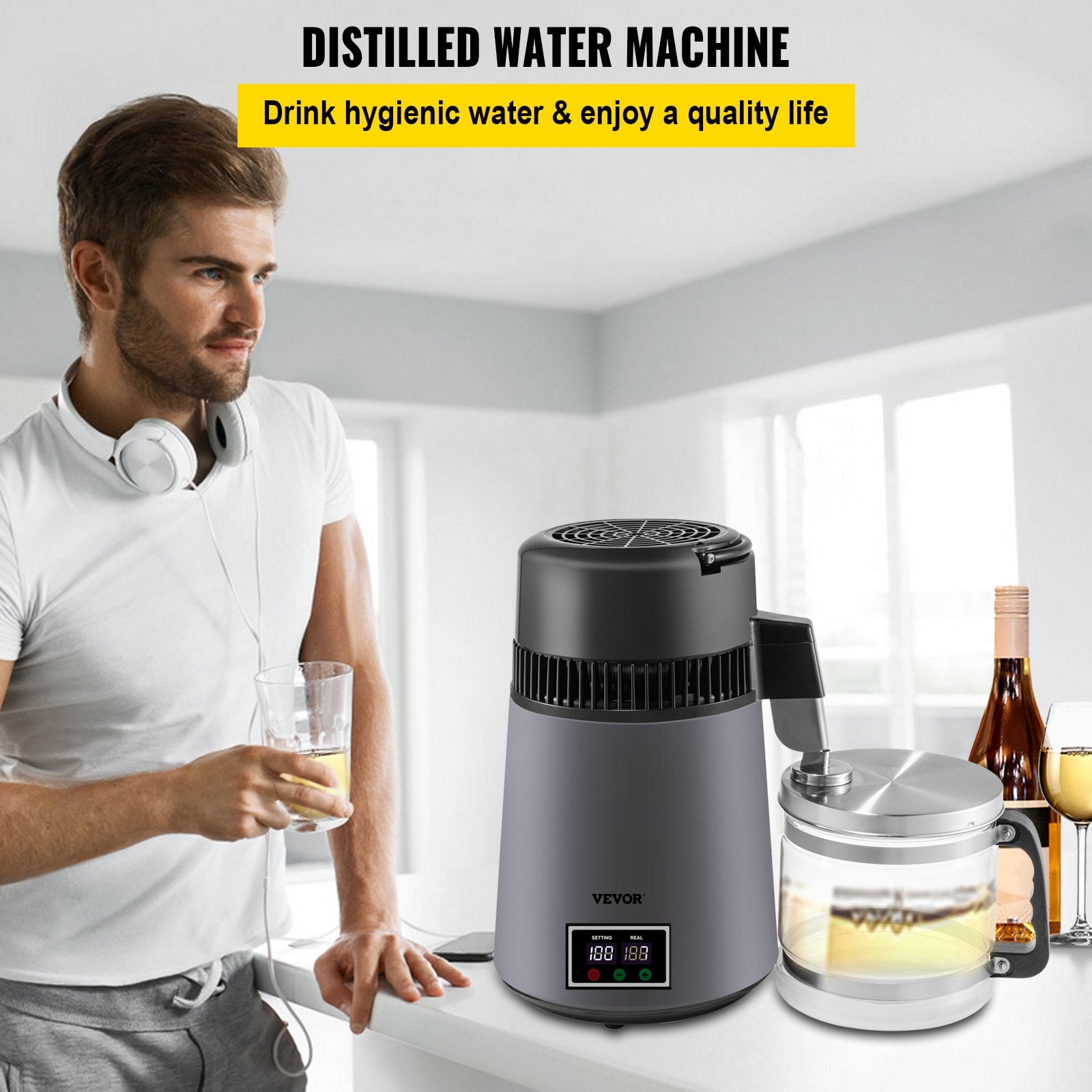 Shower Accessories: VEVOR Home Water Distiller Distilled Water Maker 4 L with Dual Temp Display Grey