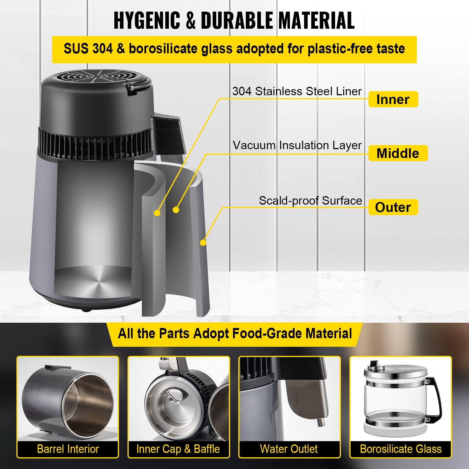 Shower Accessories: VEVOR Home Water Distiller Distilled Water Maker 4 L with Dual Temp Display Grey