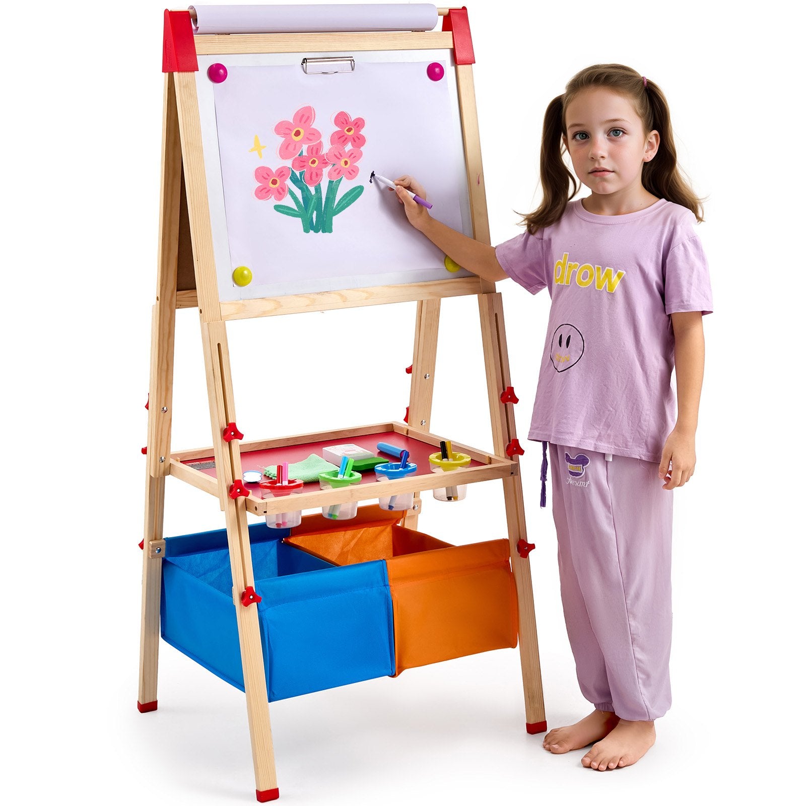 Art Easel for Kids, 3-in-1 Wooden Double-Sided Kid's Art Easel with Magnetic Whiteboard, Chalkboard, Paper Roll, Adjustable Standing Drawing Board with Painting Accessories, Storage for Boy Girl