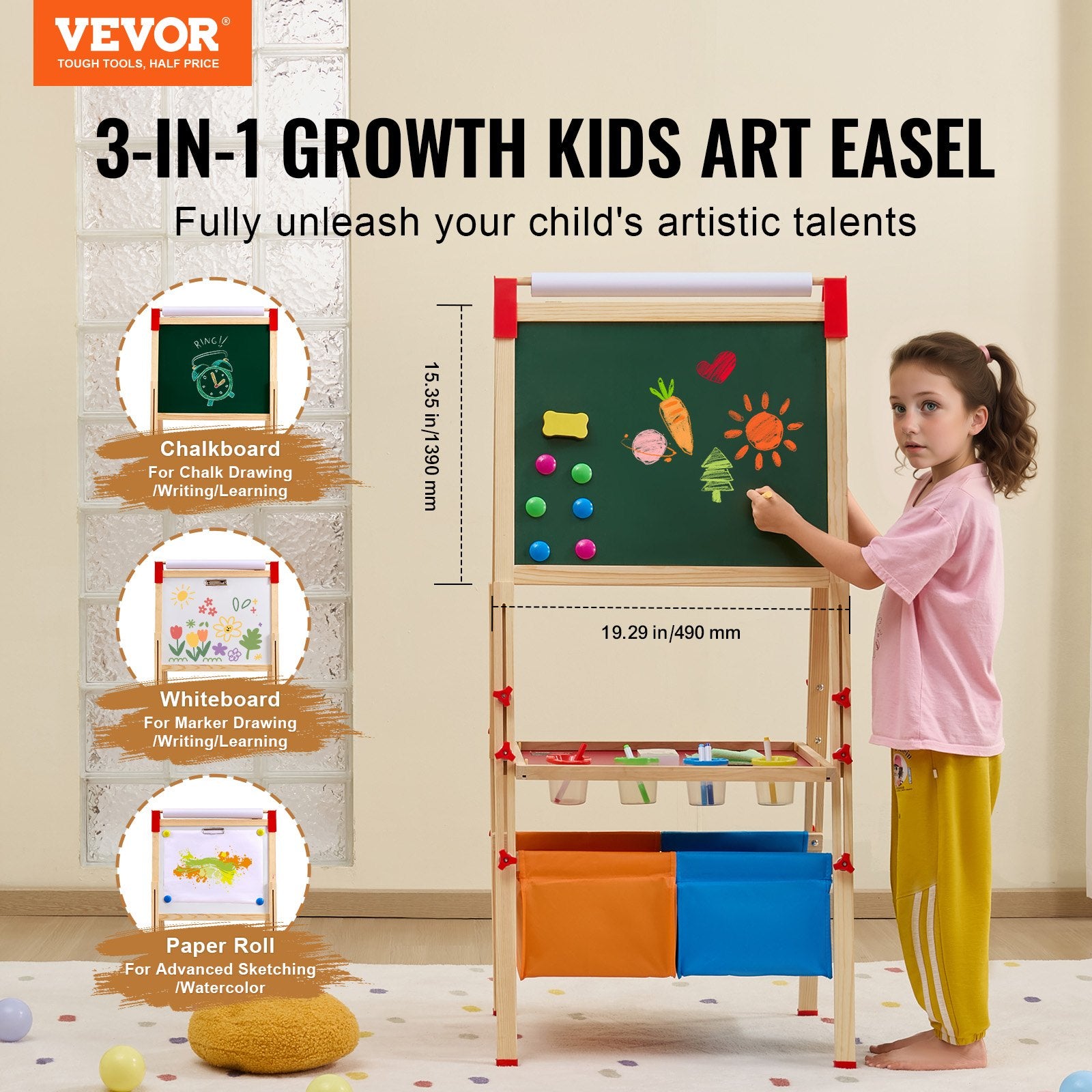 Art Easel for Kids, 3-in-1 Wooden Double-Sided Kid's Art Easel with Magnetic Whiteboard, Chalkboard, Paper Roll, Adjustable Standing Drawing Board with Painting Accessories, Storage for Boy Girl