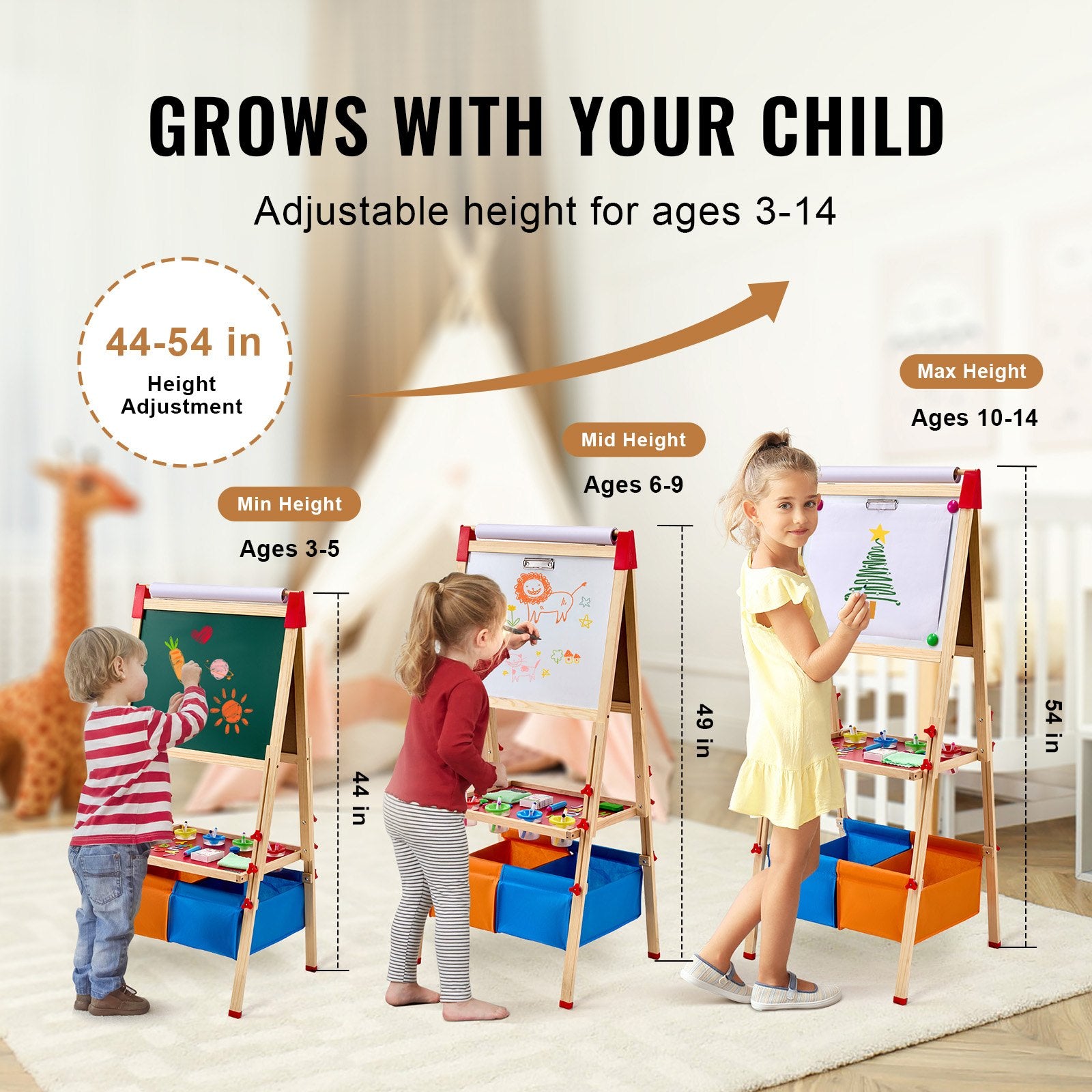Art Easel for Kids, 3-in-1 Wooden Double-Sided Kid's Art Easel with Magnetic Whiteboard, Chalkboard, Paper Roll, Adjustable Standing Drawing Board with Painting Accessories, Storage for Boy Girl