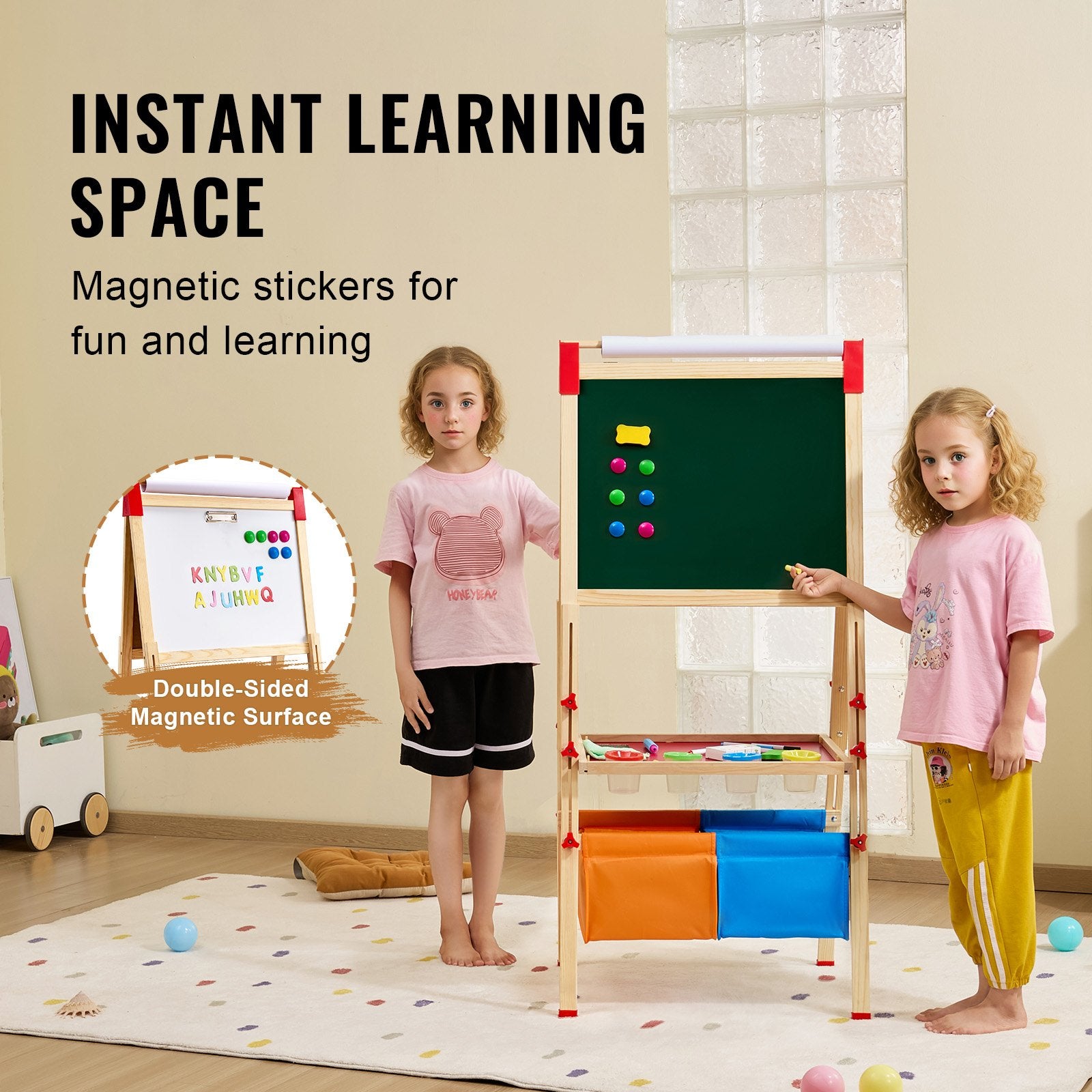 Art Easel for Kids, 3-in-1 Wooden Double-Sided Kid's Art Easel with Magnetic Whiteboard, Chalkboard, Paper Roll, Adjustable Standing Drawing Board with Painting Accessories, Storage for Boy Girl